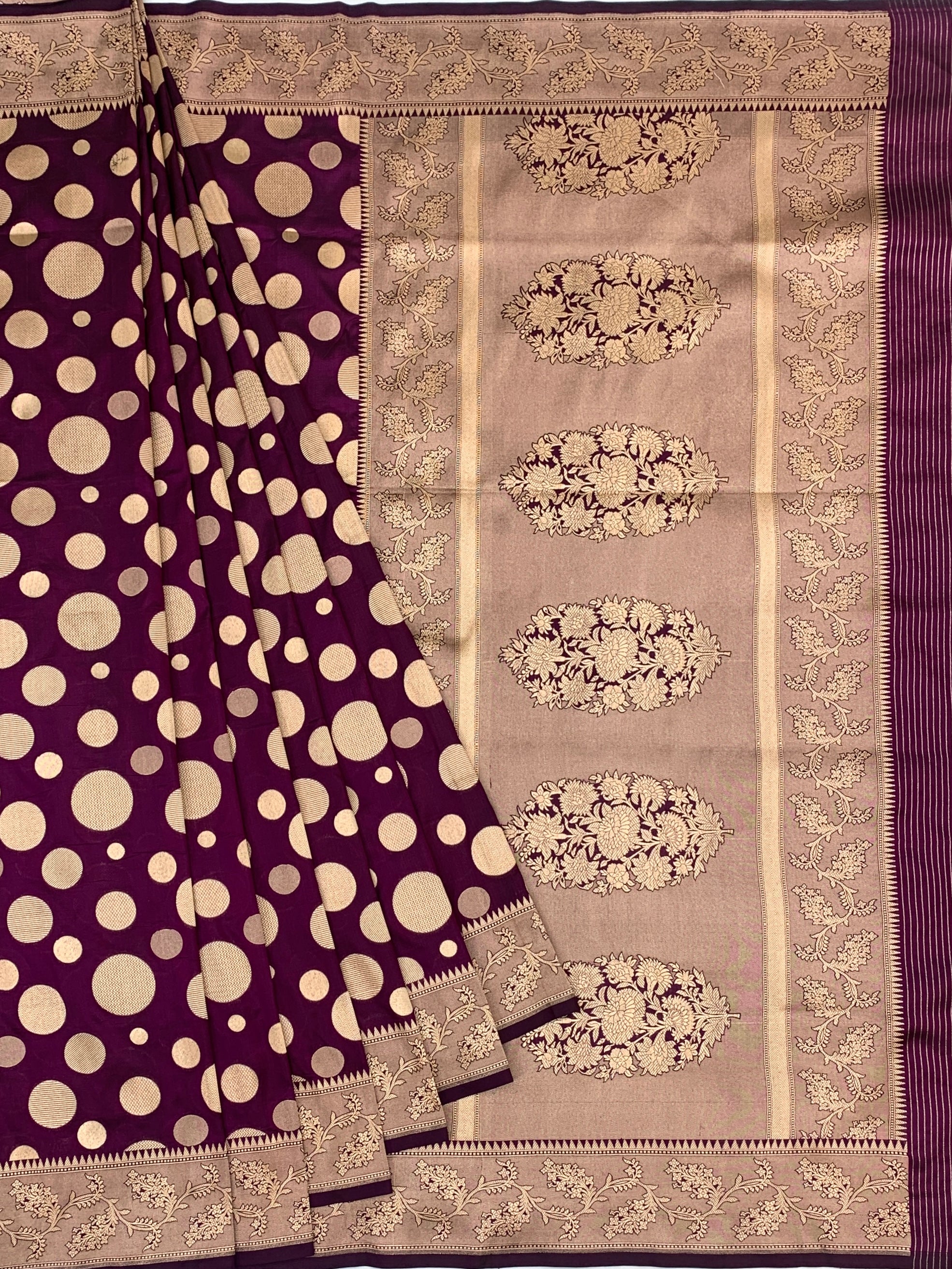 Regal Wine-Purple Banarasi Silk Saree with Polka Dot