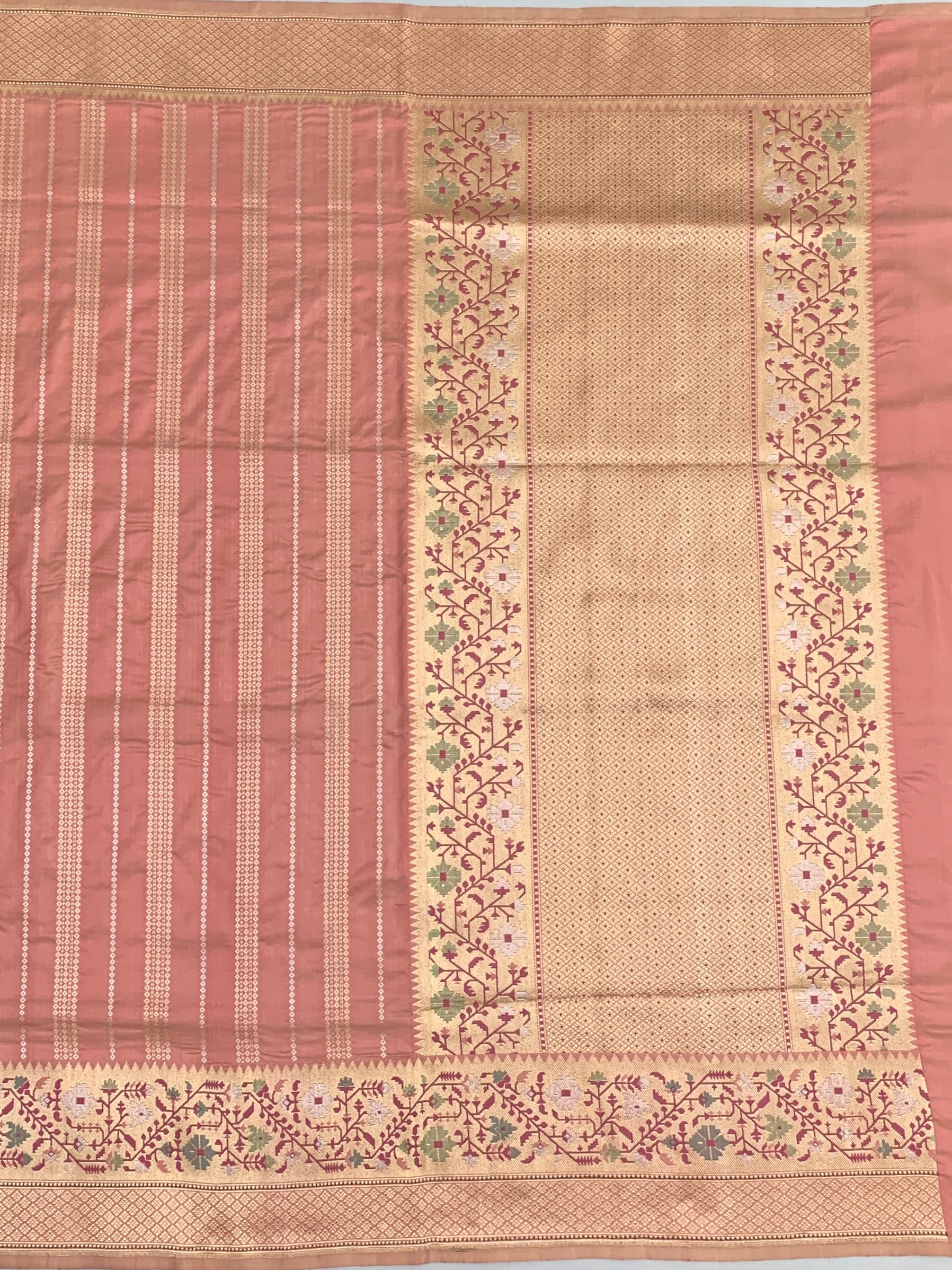 Peach Rose Banarasi Silk Saree with Meenakari Floral Borders