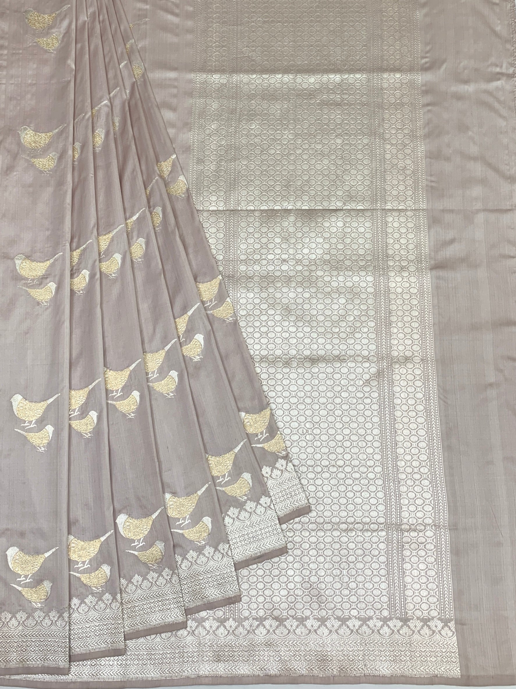 Ethereal Mauve Banarasi Silk Saree with Zari Bird Motifs