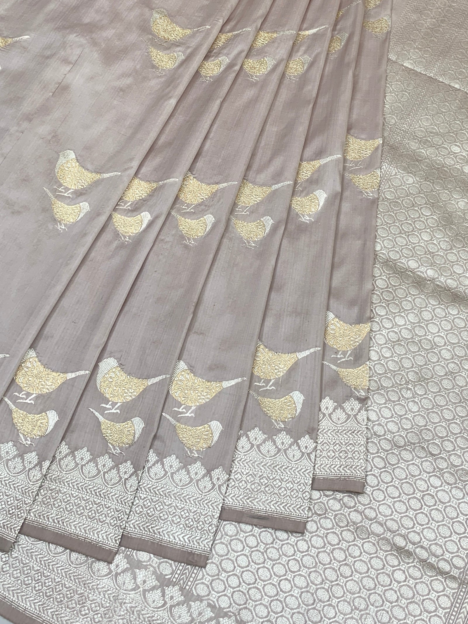 Ethereal Mauve Banarasi Silk Saree with Zari Bird Motifs