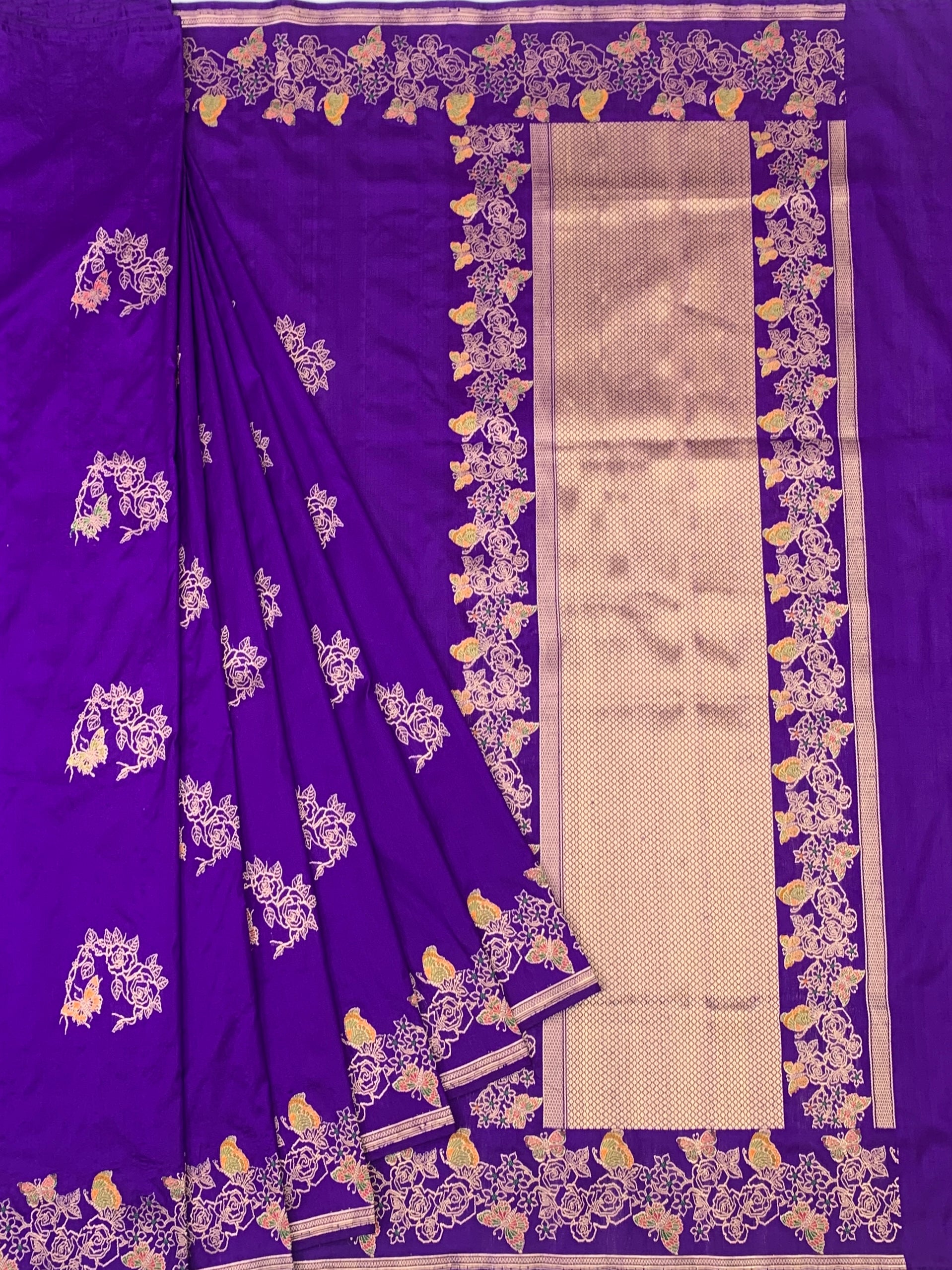 Purple Banarasi Silk Saree with Floral & Butterfly Meenakari