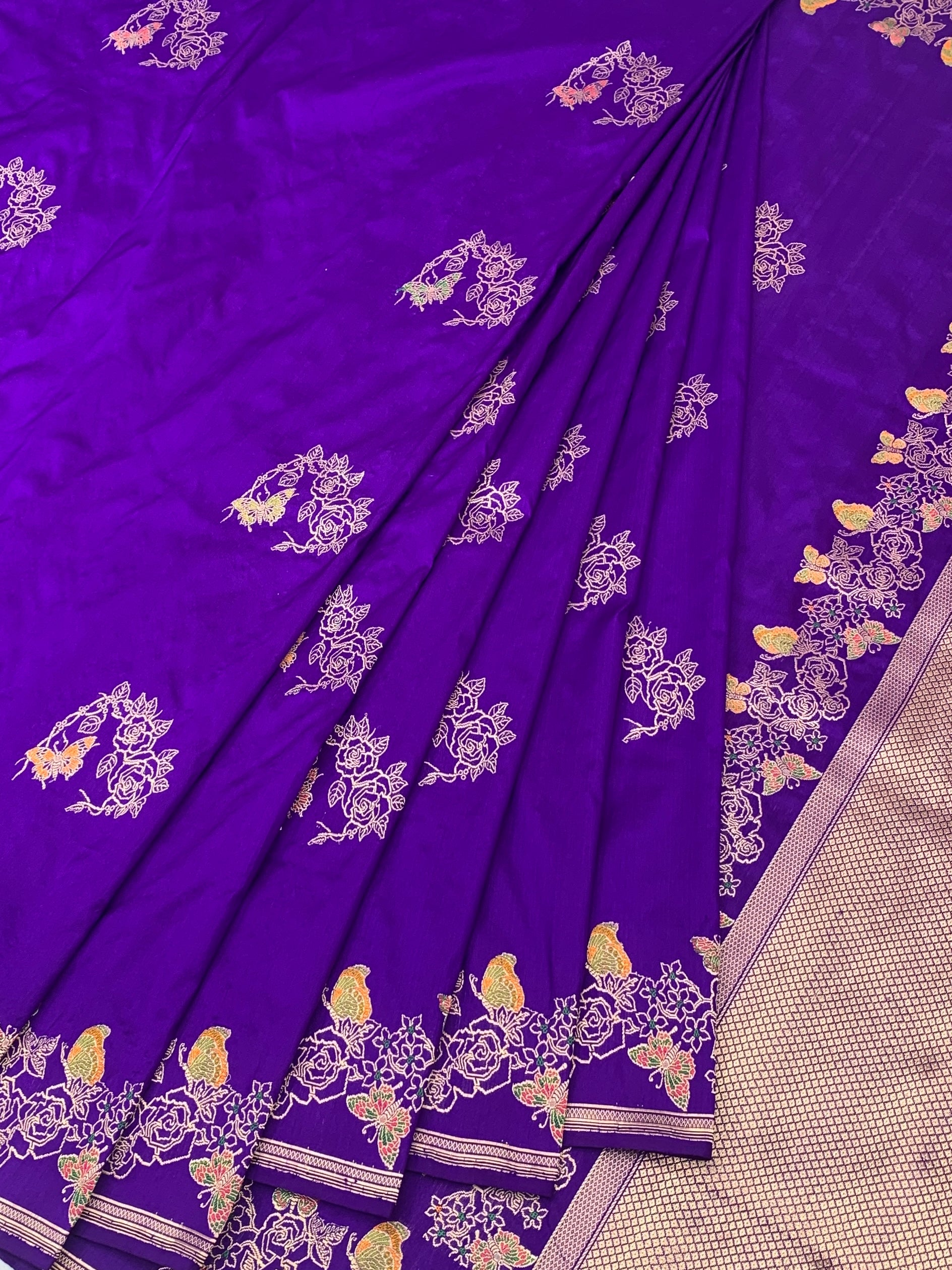 Purple Banarasi Silk Saree with Floral & Butterfly Meenakari