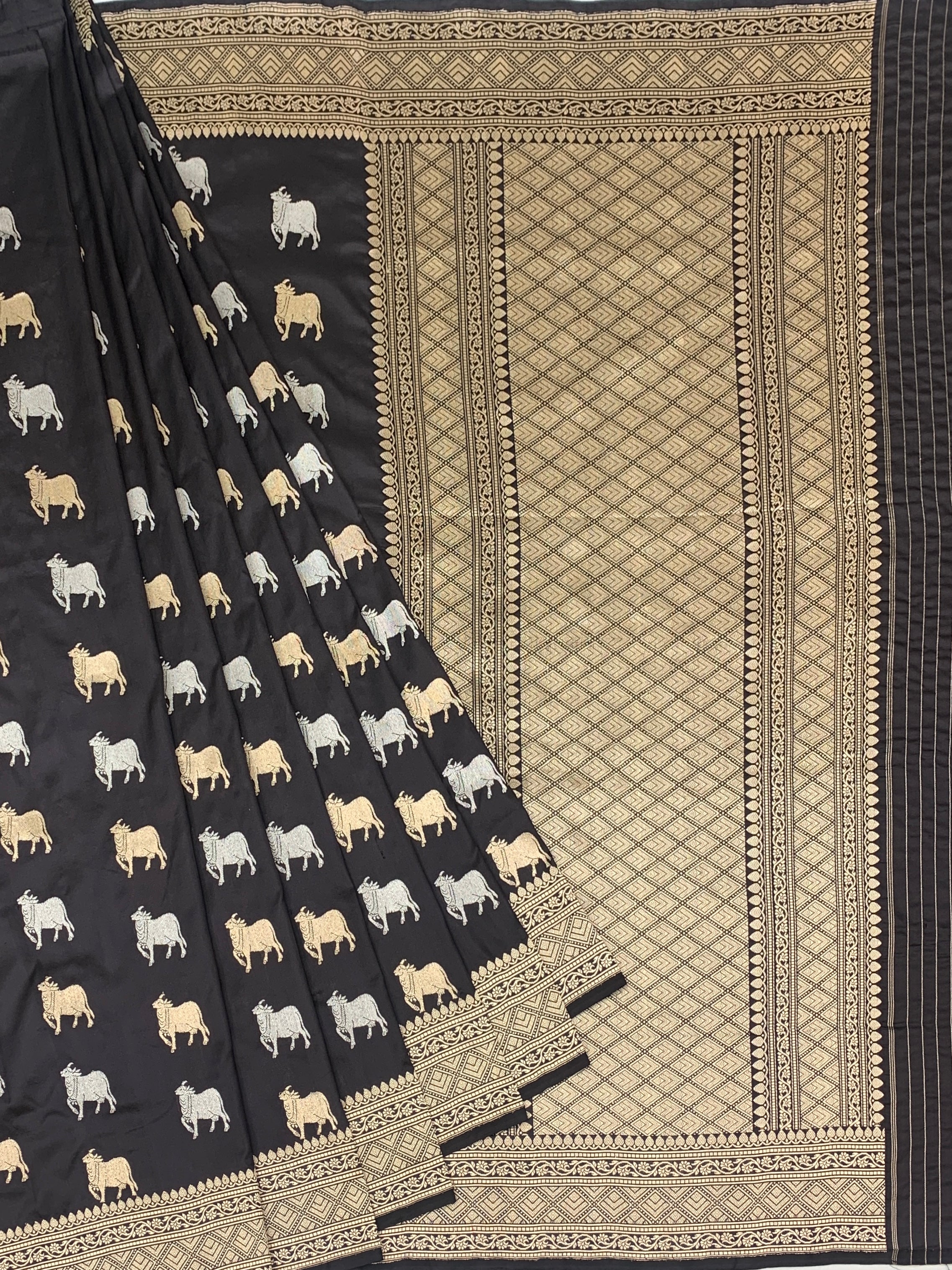 Black Banarasi Silk Saree with Pichwai-Inspired Cow Motifs