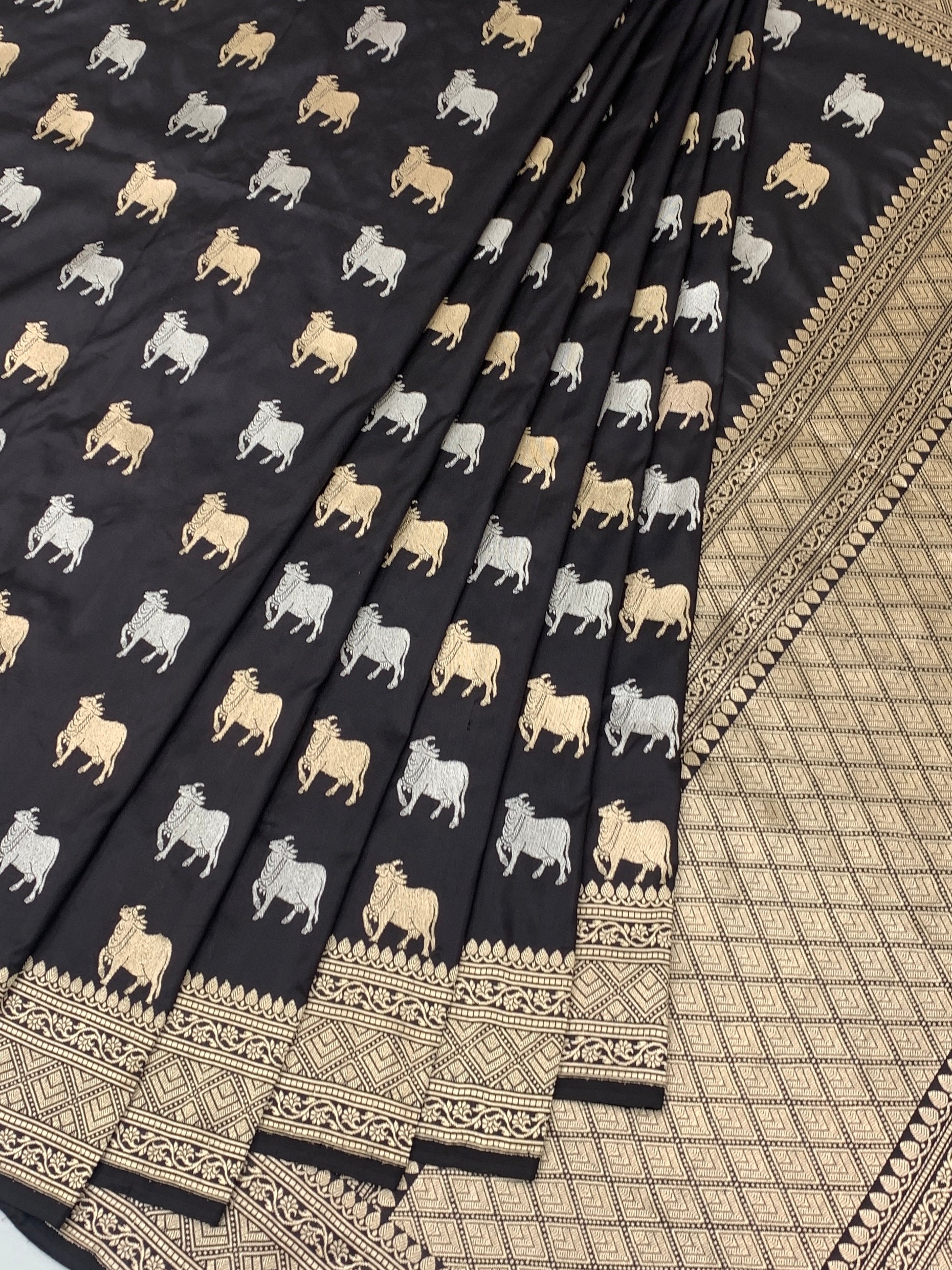 Black Banarasi Silk Saree with Pichwai-Inspired Cow Motifs