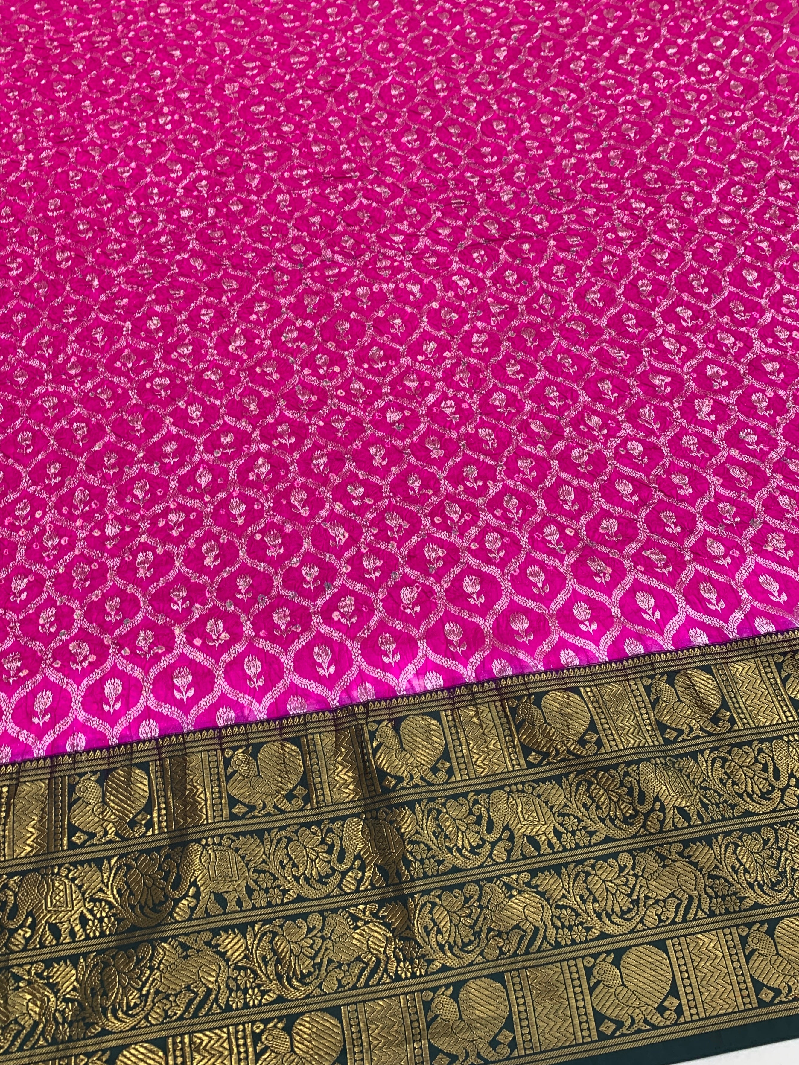 Rani Pink & Bottle Green Kanjeevaram Silk Bandhani Saree