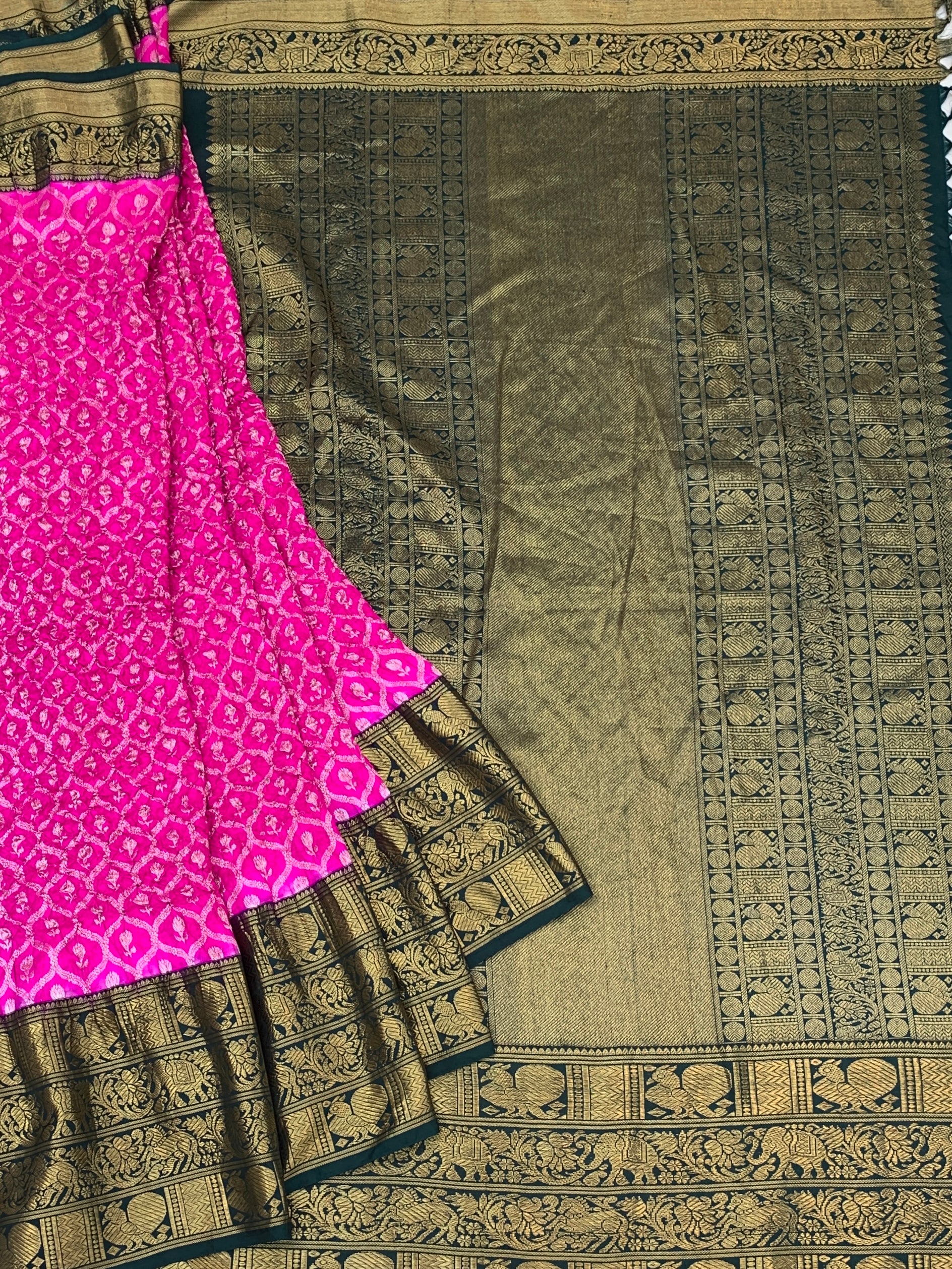 Rani Pink & Bottle Green Kanjeevaram Silk Bandhani Saree