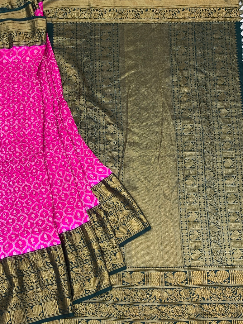 Rani Pink & Bottle Green Kanjeevaram Silk Bandhani Saree