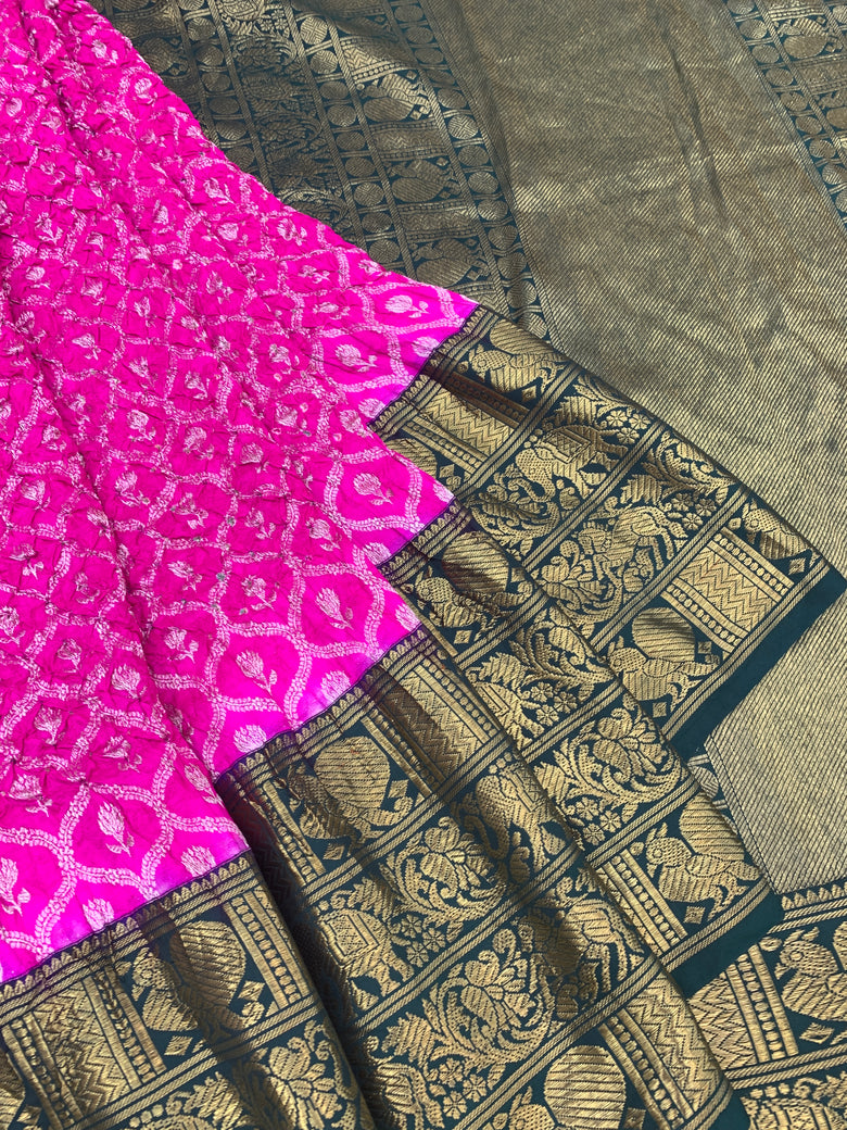 Rani Pink & Bottle Green Kanjeevaram Silk Bandhani Saree