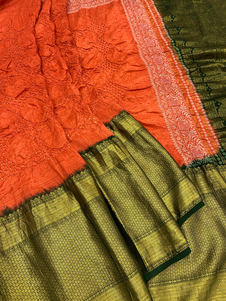 Chikan Kari & Kanjeevaram Fusion: Hand-Tied Bandhani Silk Saree
