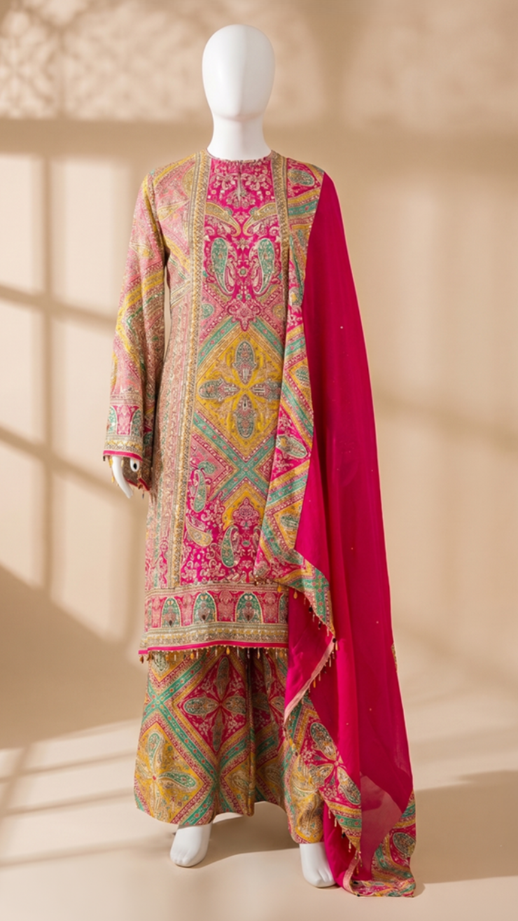 Blooming Paisley Printed Satin A-Line Suit