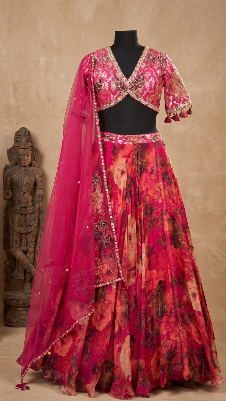 Rose Crimson Organza Floral Lehenga Set