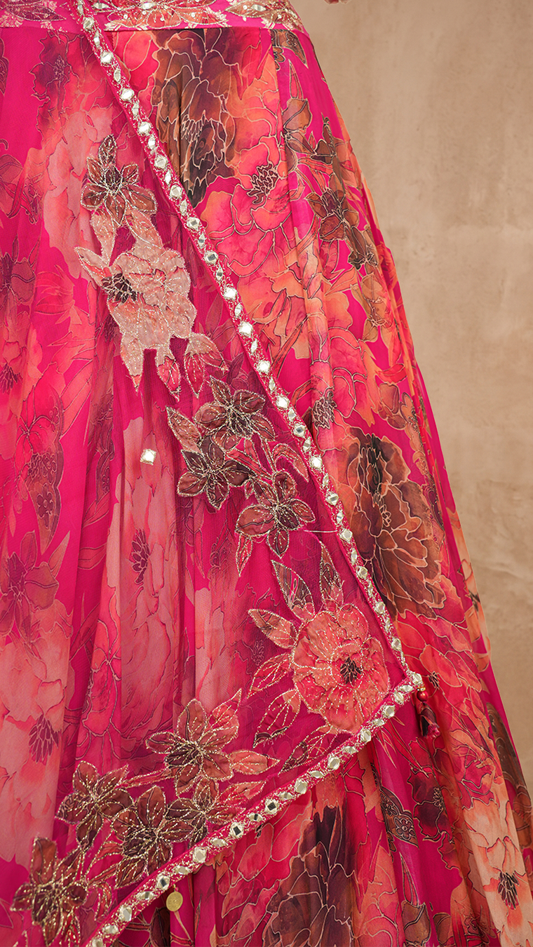 Rose Crimson Organza Floral Lehenga Set