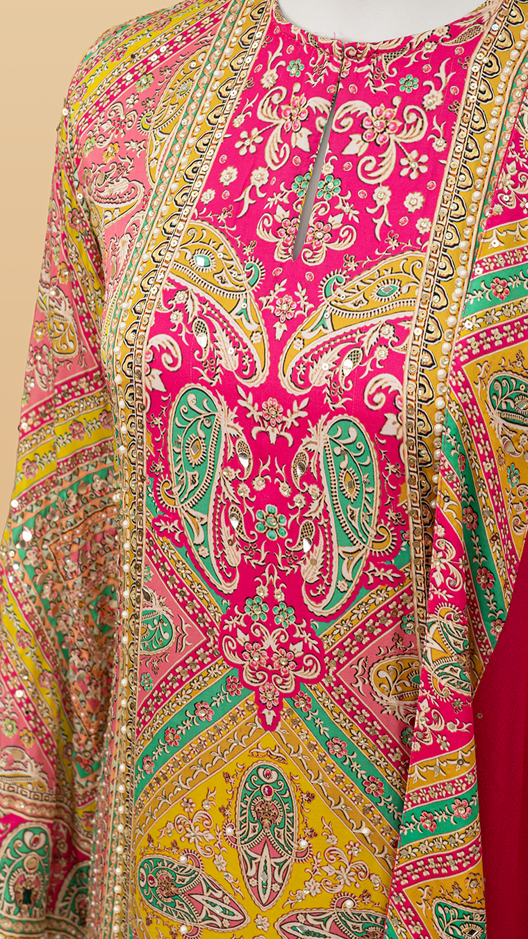 Blooming Paisley Printed Satin A-Line Suit