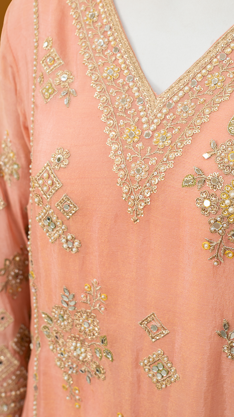 Regal Peach Hand-Embellished Silk Tissue Straight Suit Set