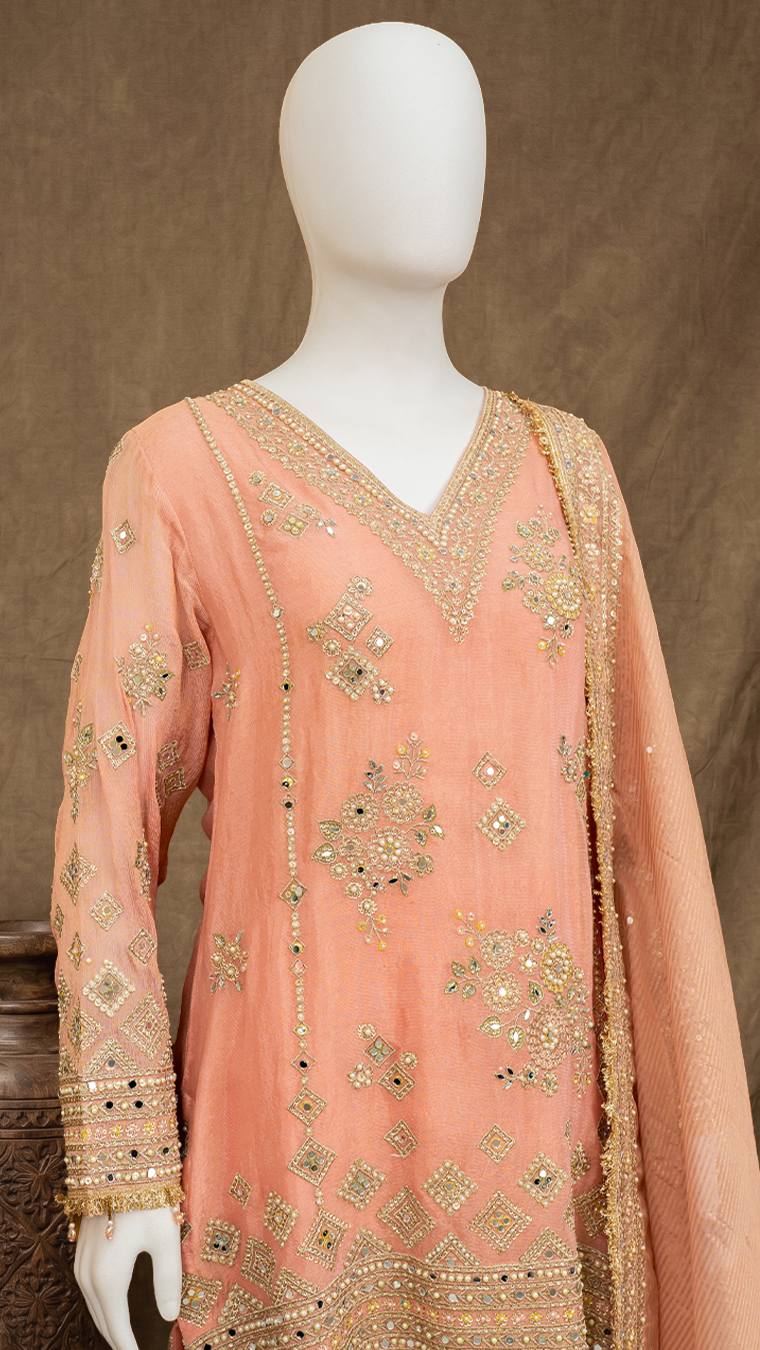 Regal Peach Hand-Embellished Silk Tissue Straight Suit Set