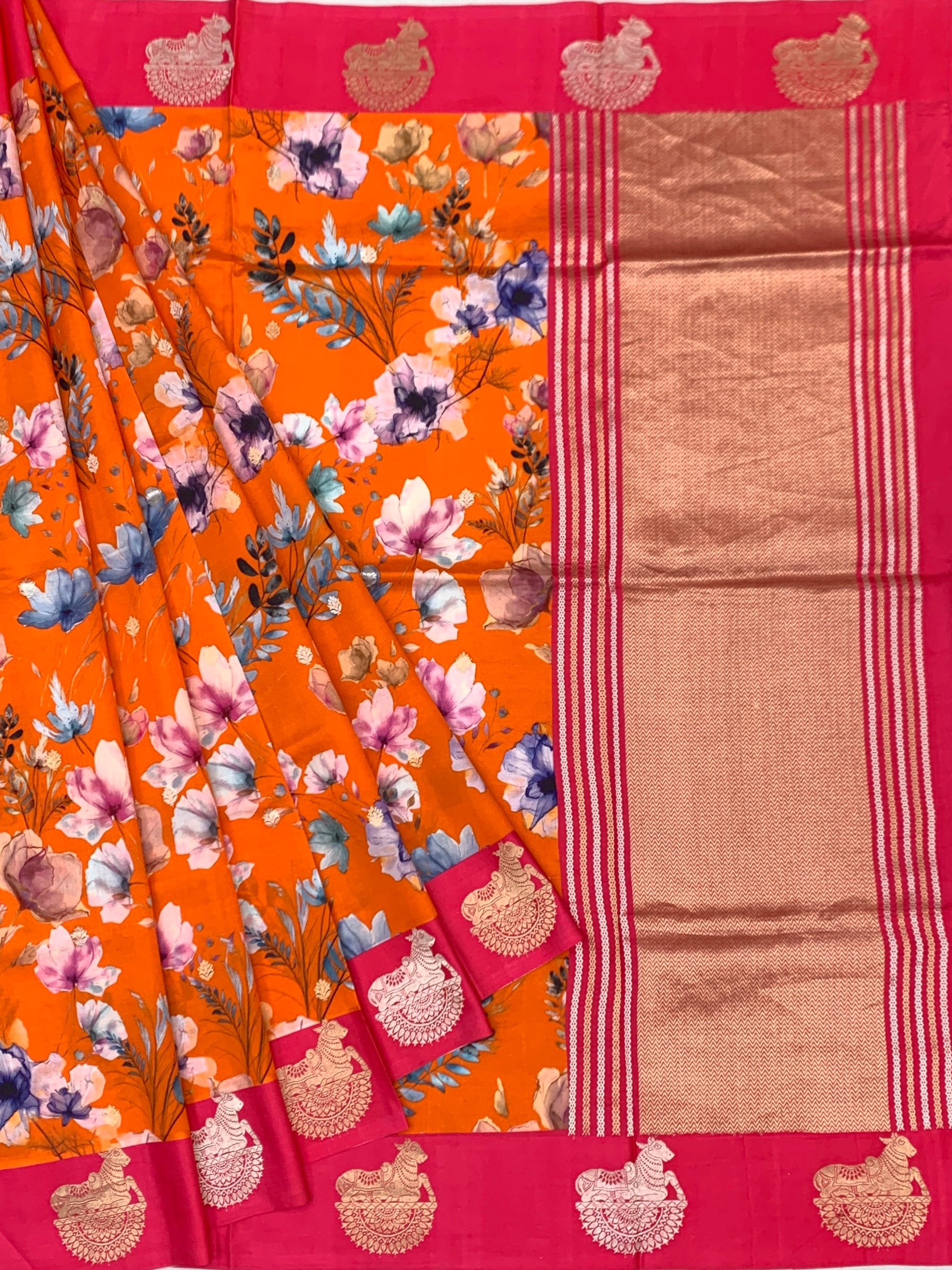 Vibrant Floral Printed Raw Mango Silk Saree