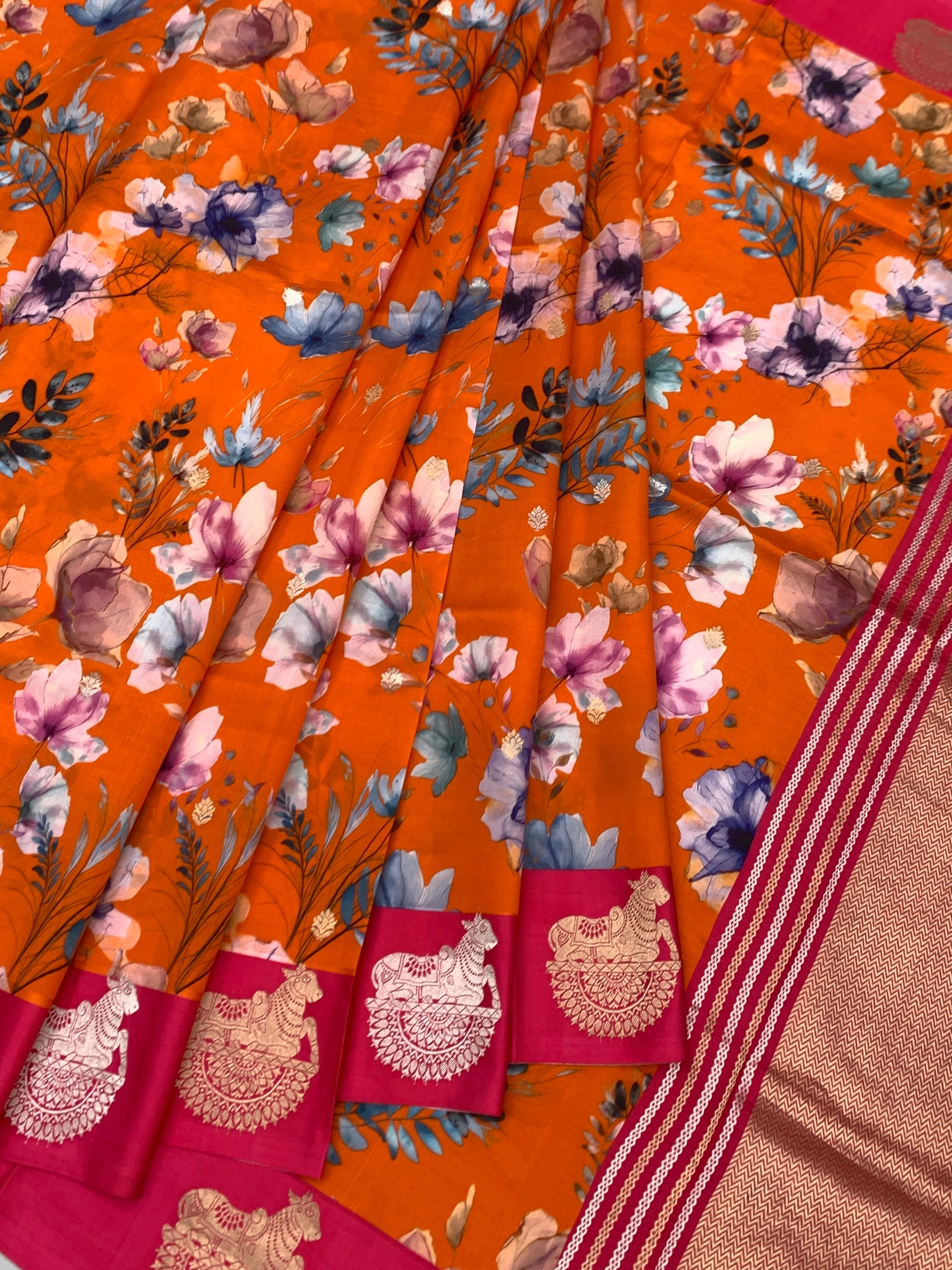 Vibrant Floral Printed Raw Mango Silk Saree