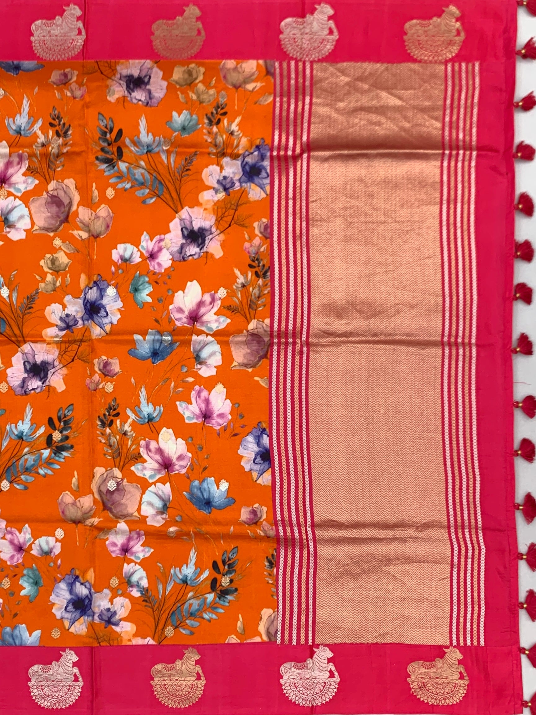 Vibrant Floral Printed Raw Mango Silk Saree