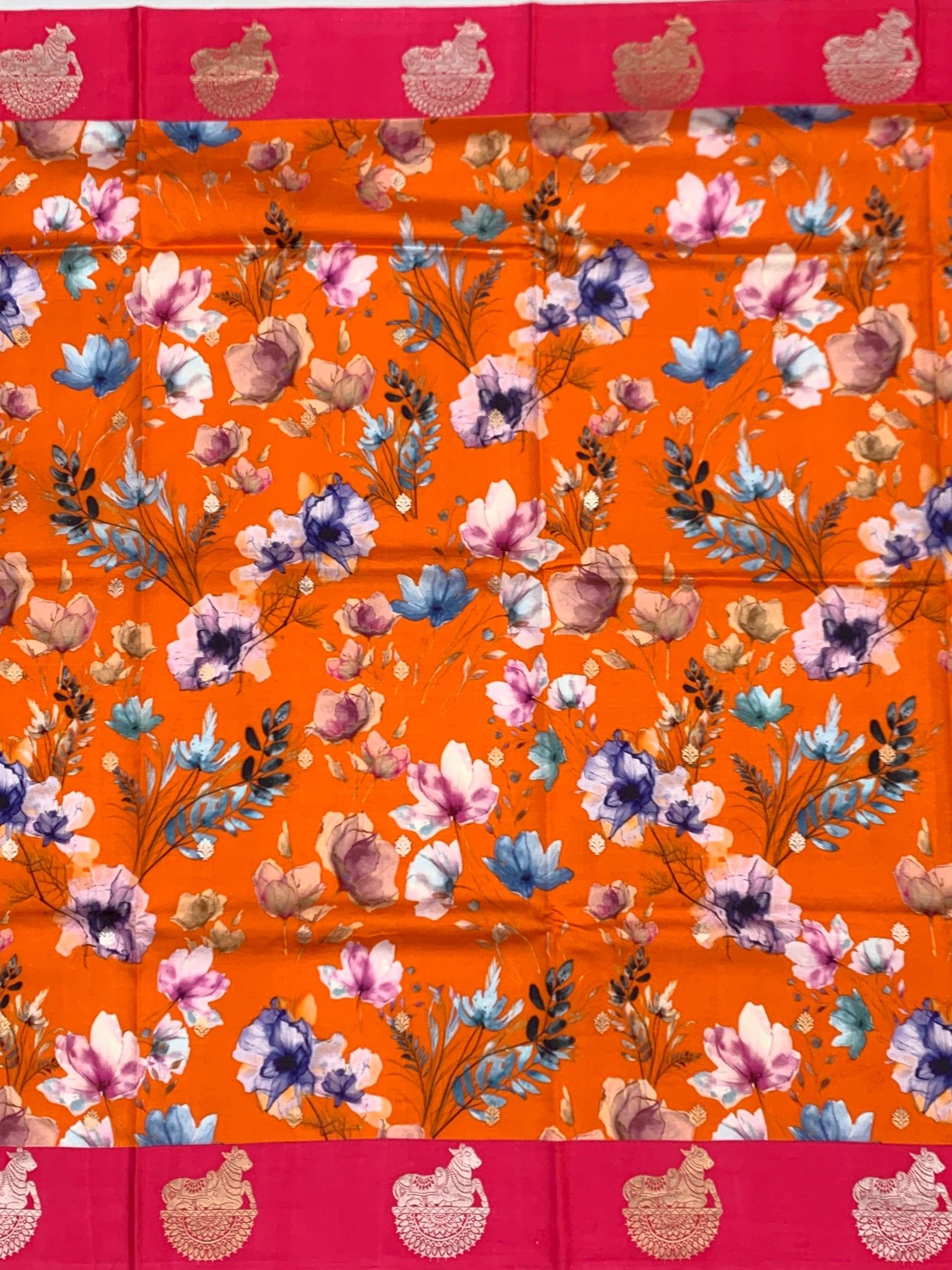 Vibrant Floral Printed Raw Mango Silk Saree