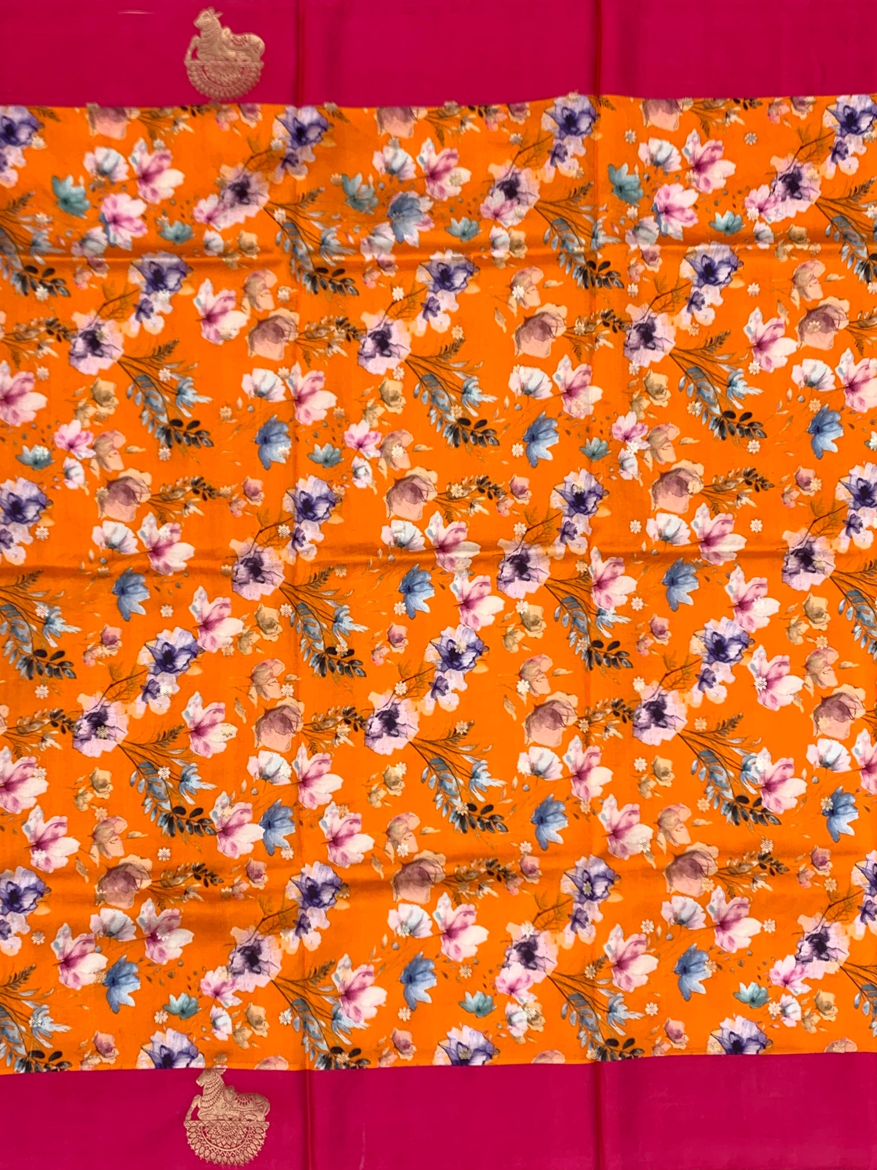 Vibrant Floral Printed Raw Mango Silk Saree