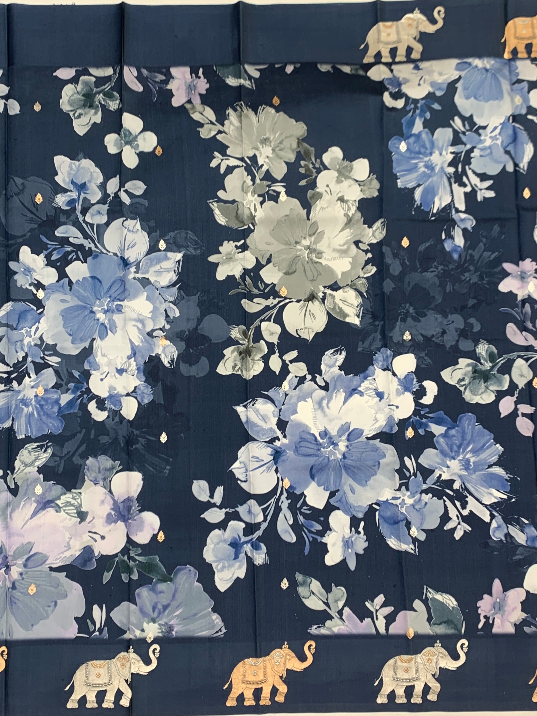 Midnight Blue Floral Printed Raw Mango Silk Saree