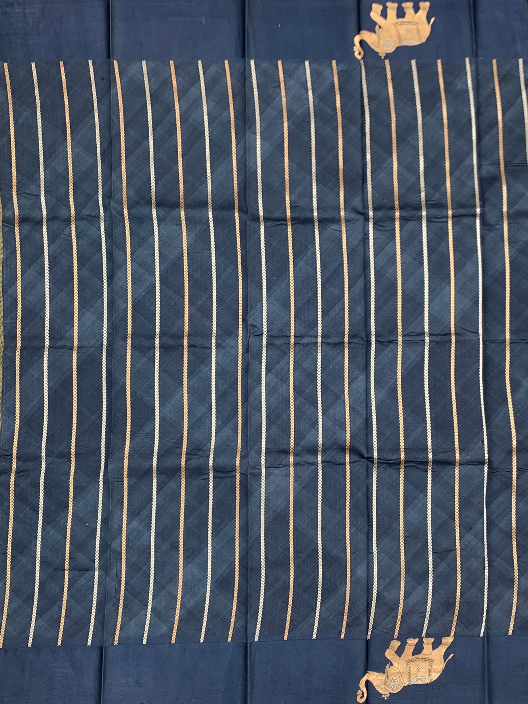 Midnight Blue Floral Printed Raw Mango Silk Saree
