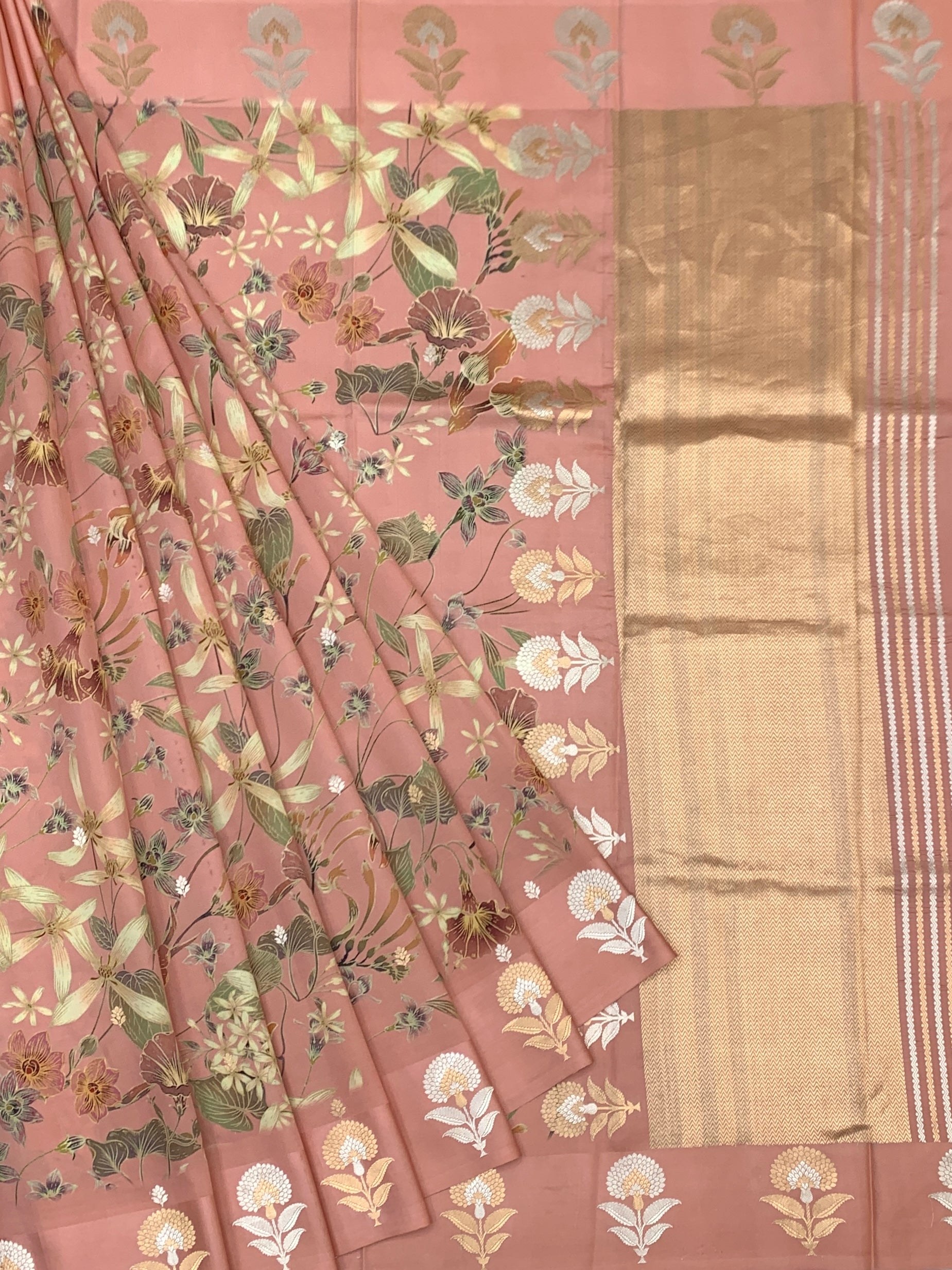 Printed Raw Mango  Silk Saree in Peach