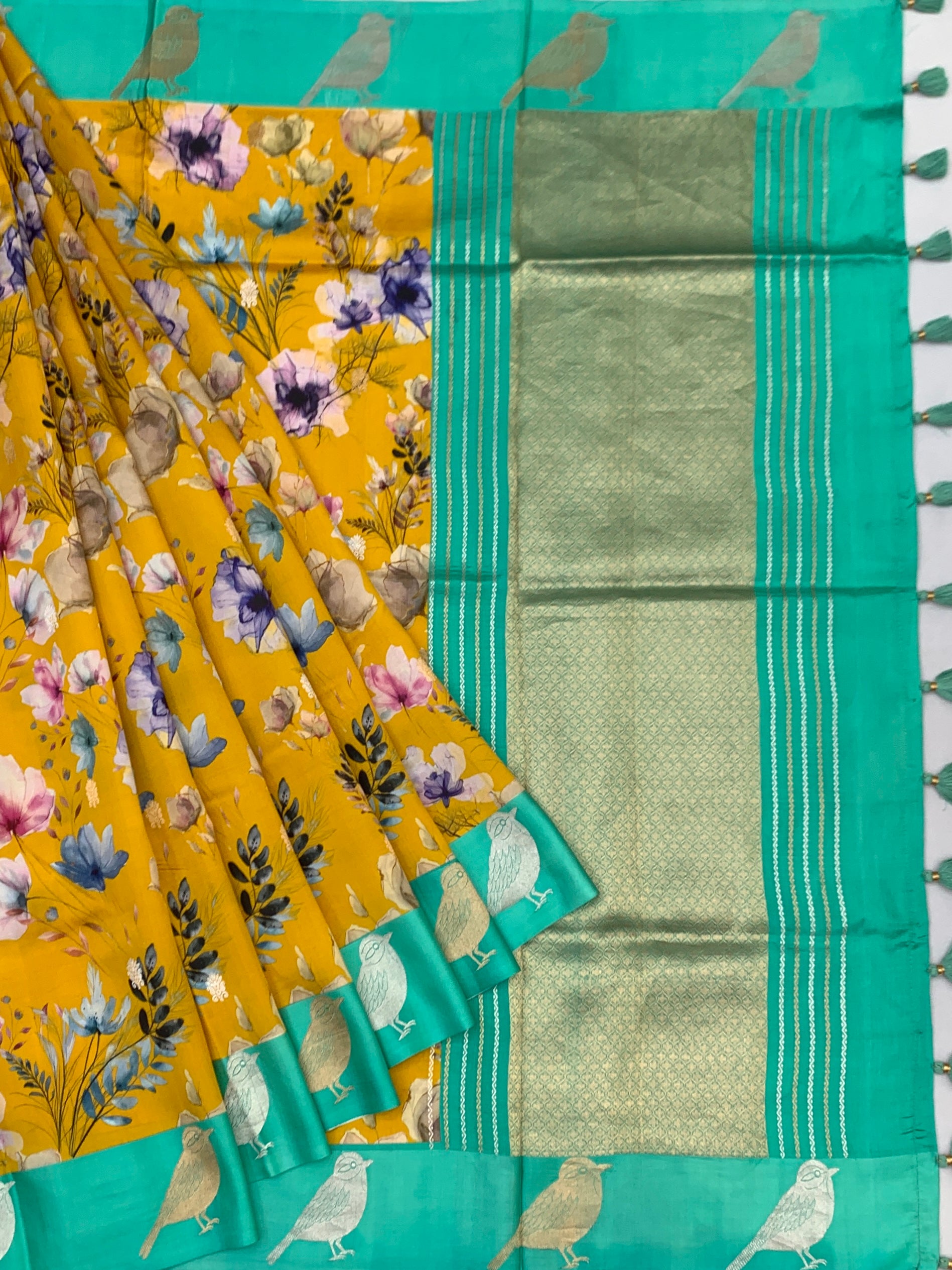 Printed Raw Mango Silk Saree in  Mustard Yellow Colour