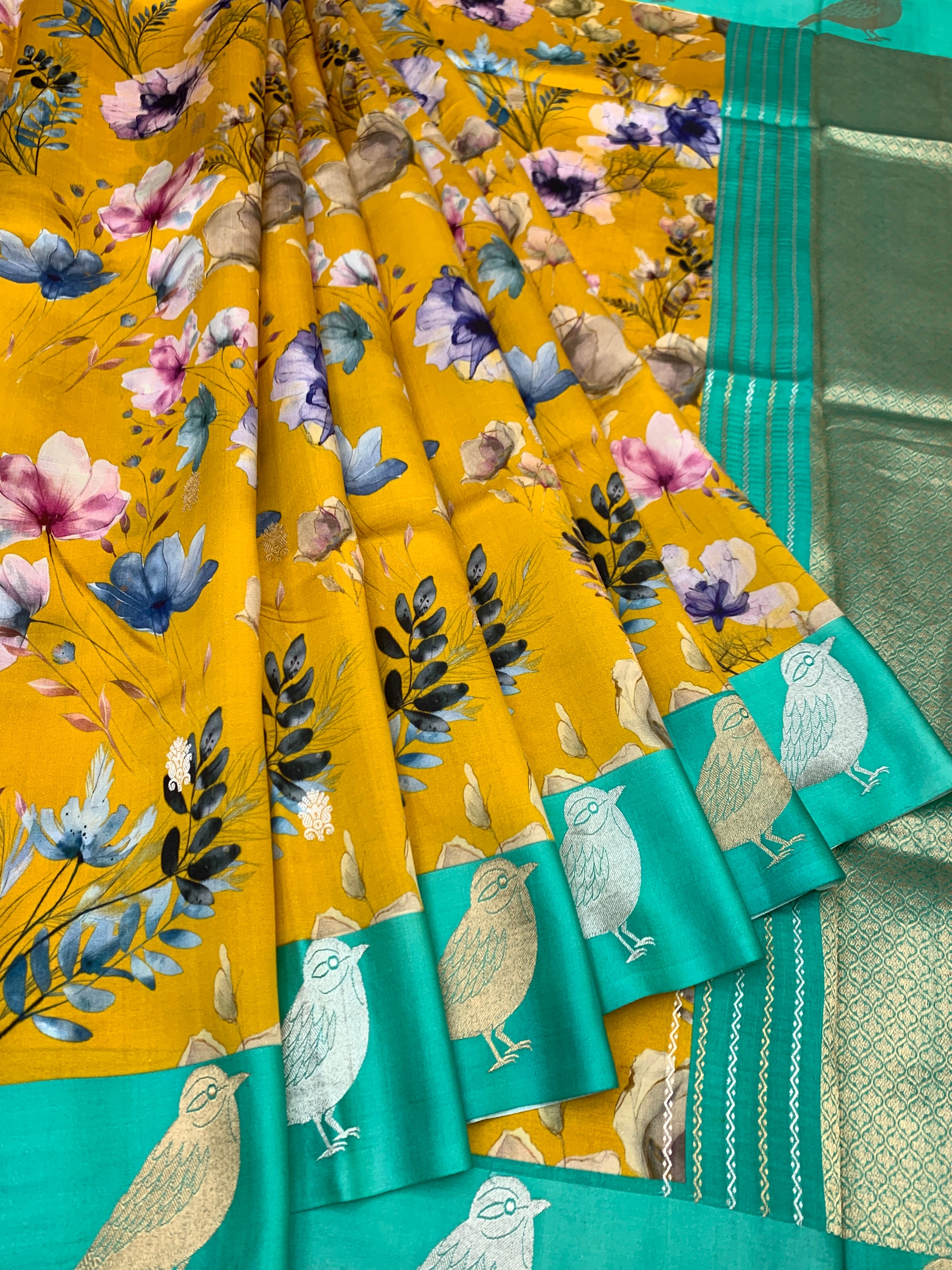 Printed Raw Mango Silk Saree in  Mustard Yellow Colour