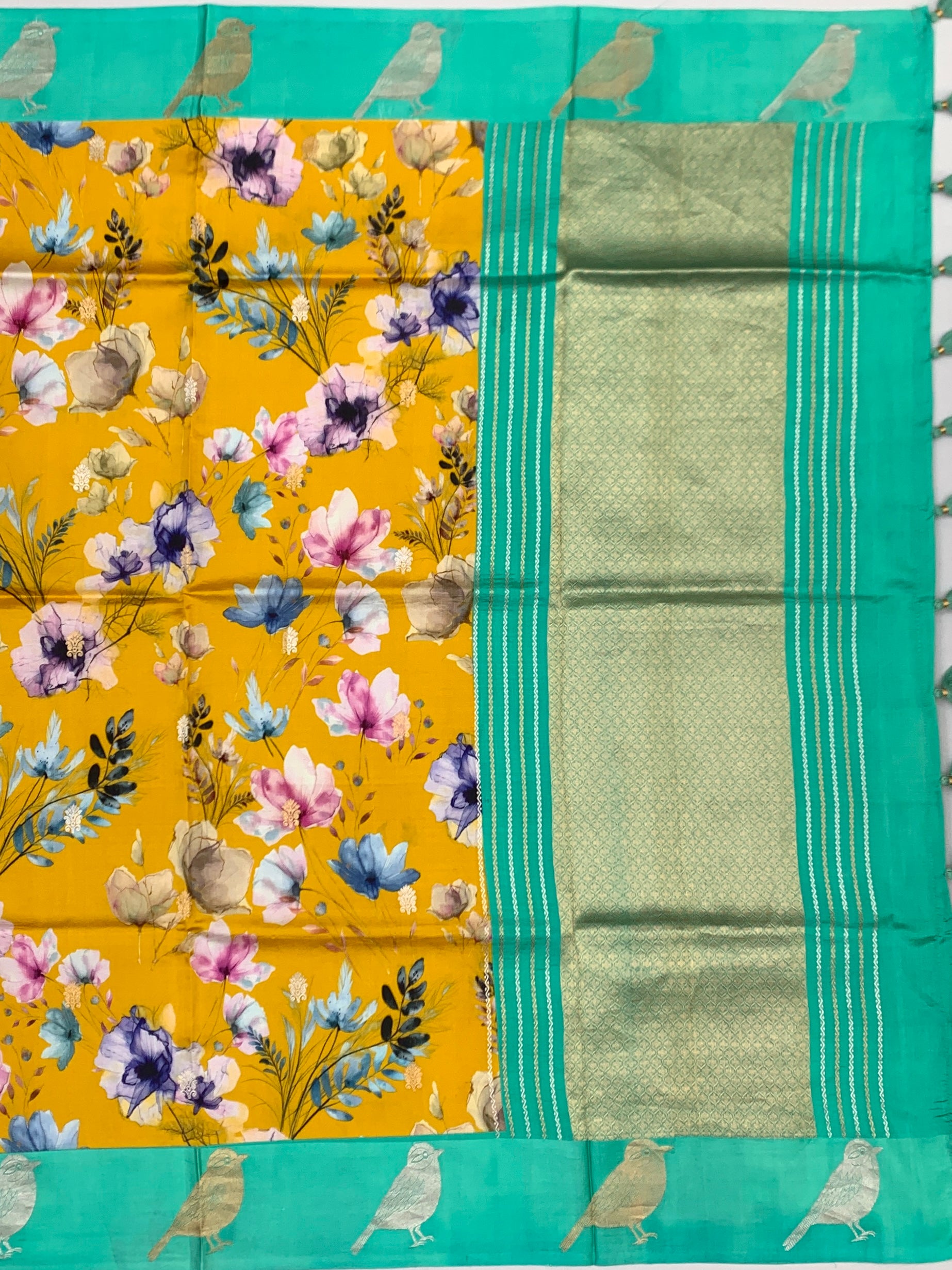Printed Raw Mango Silk Saree in  Mustard Yellow Colour