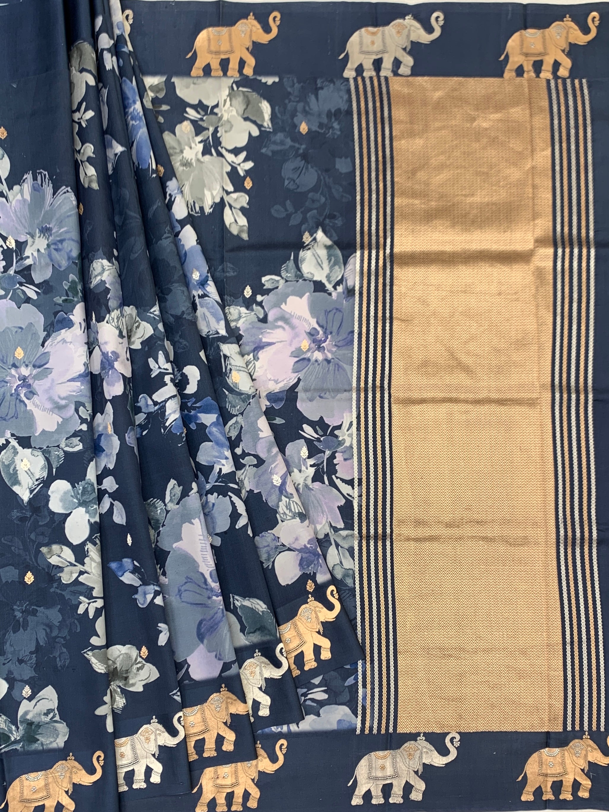 Midnight Blue Floral Printed Raw Mango Silk Saree