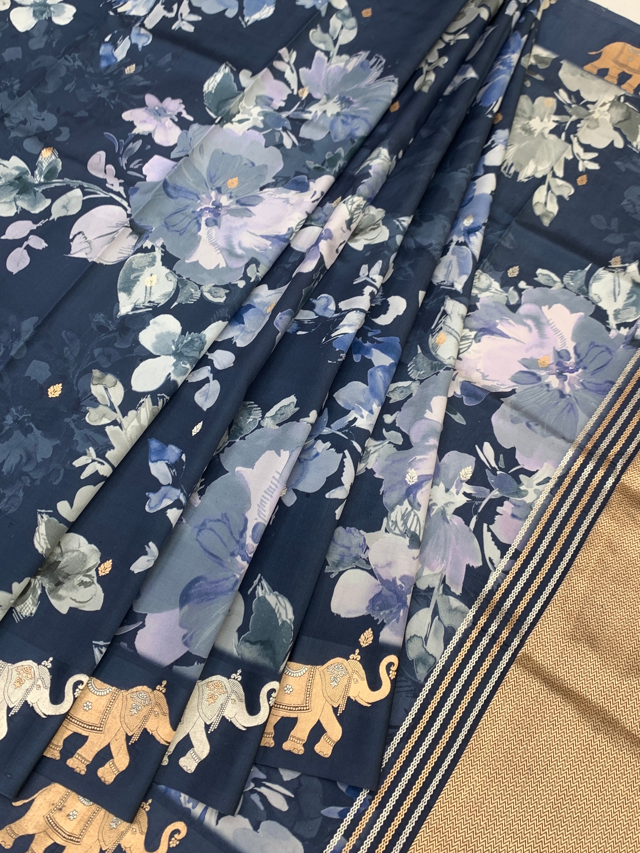 Midnight Blue Floral Printed Raw Mango Silk Saree