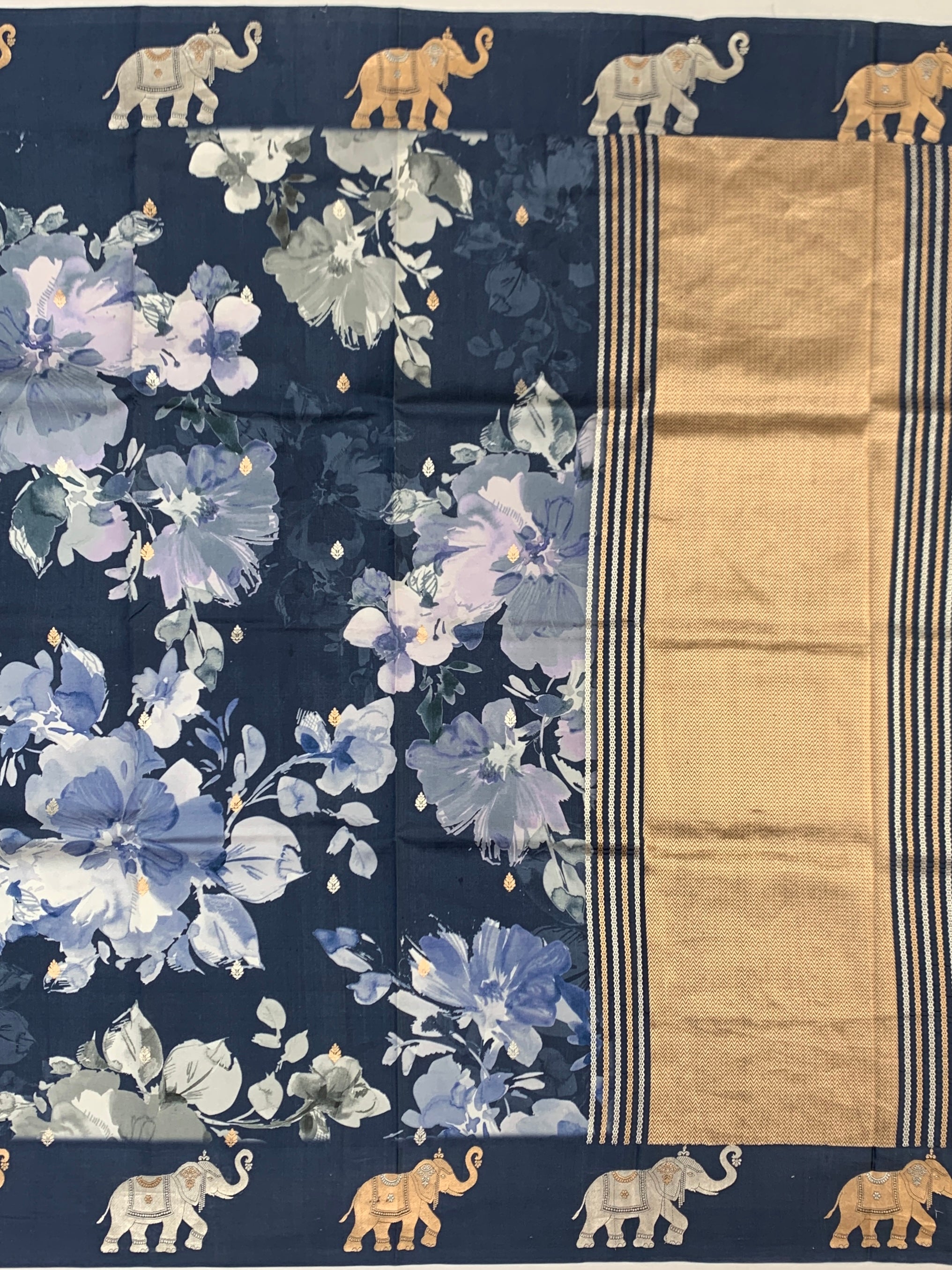Midnight Blue Floral Printed Raw Mango Silk Saree