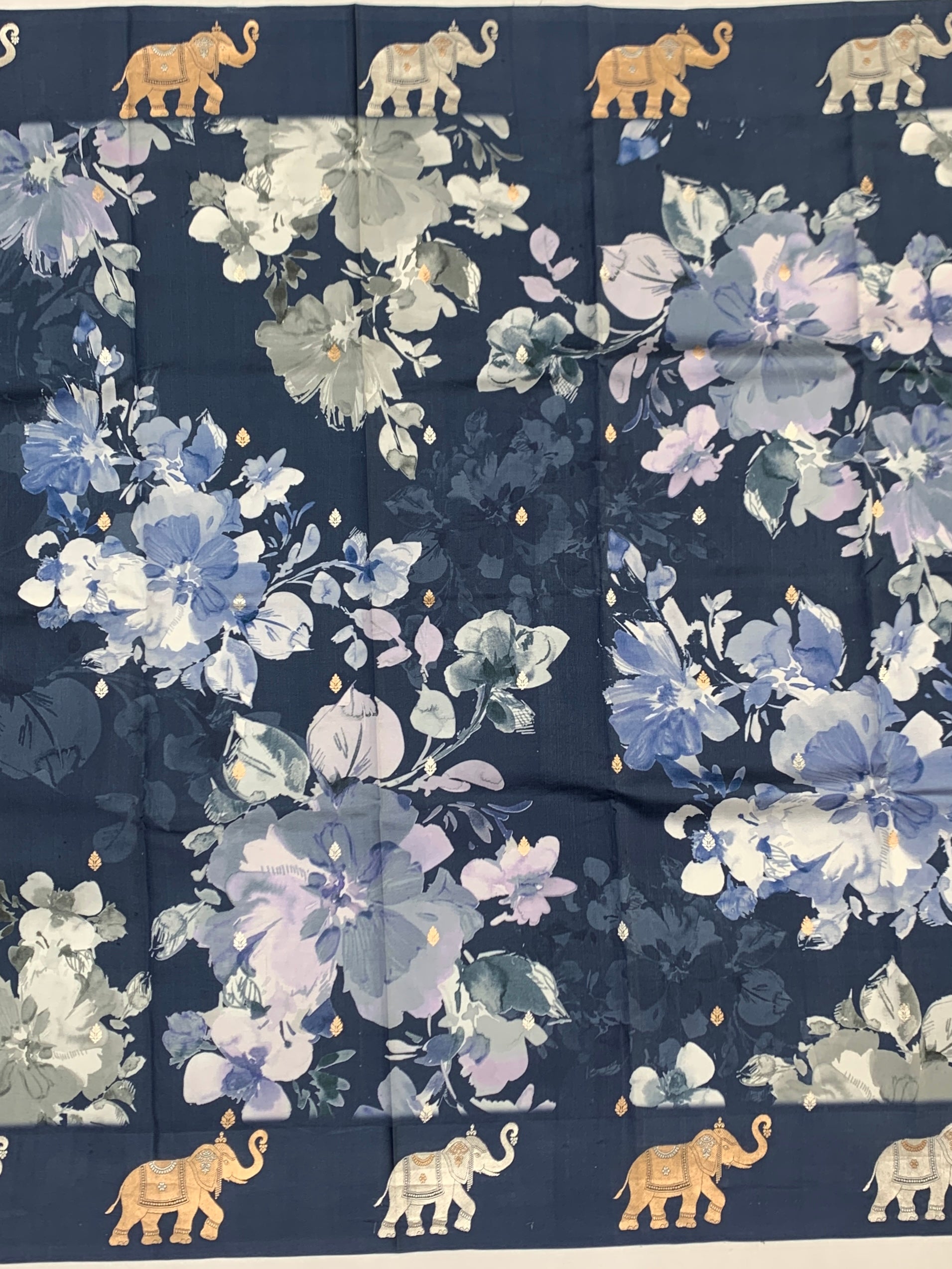 Midnight Blue Floral Printed Raw Mango Silk Saree