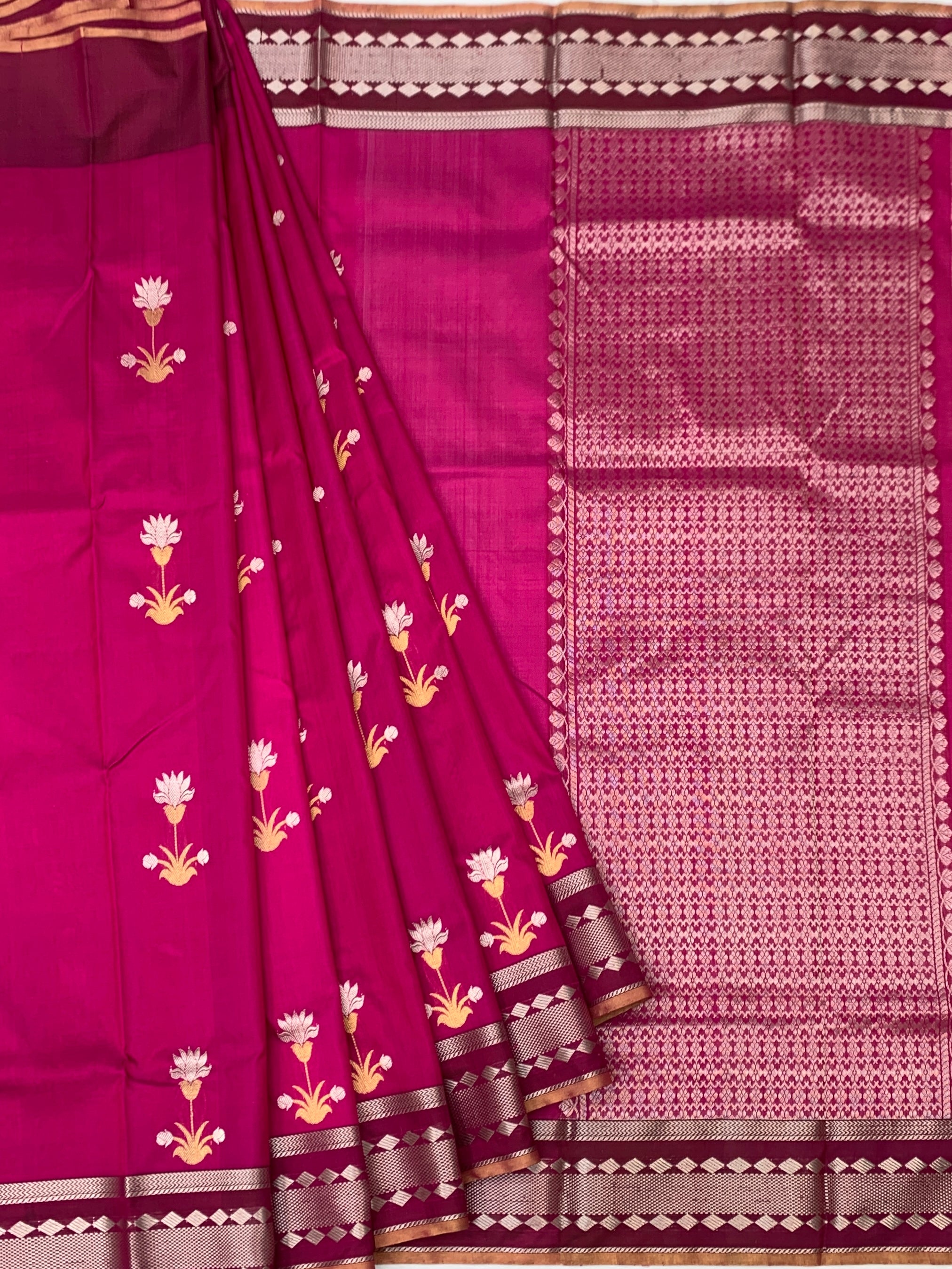 Elegant Pink Chanderi Silk Saree with Gold Floral Butis