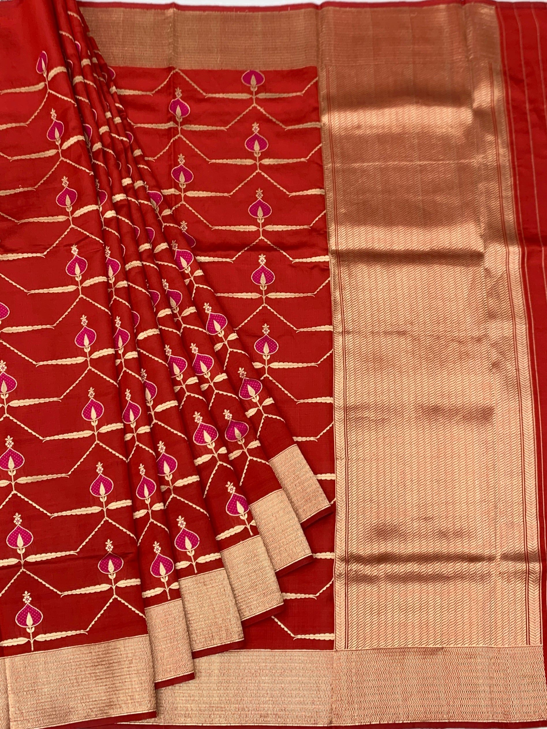 Radiant Crimson Red Chanderi Silk Saree with Gold Zari