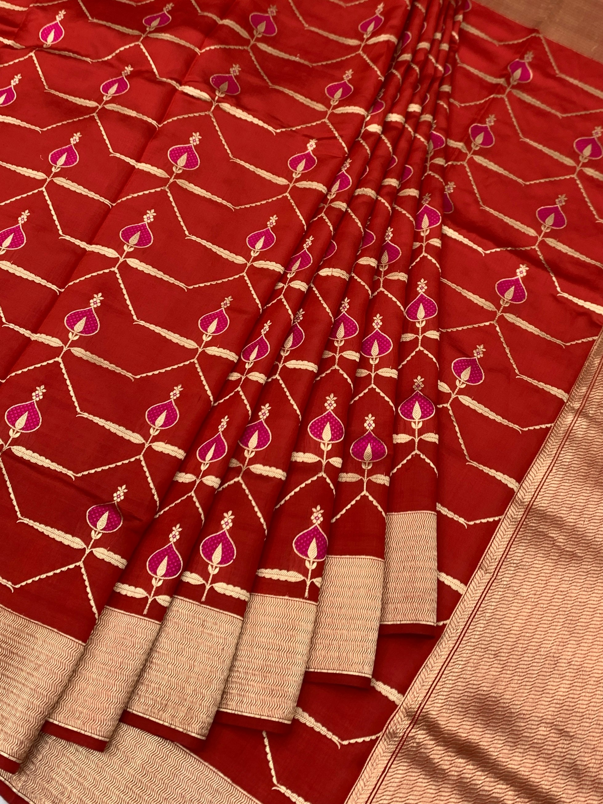 Radiant Crimson Red Chanderi Silk Saree with Gold Zari