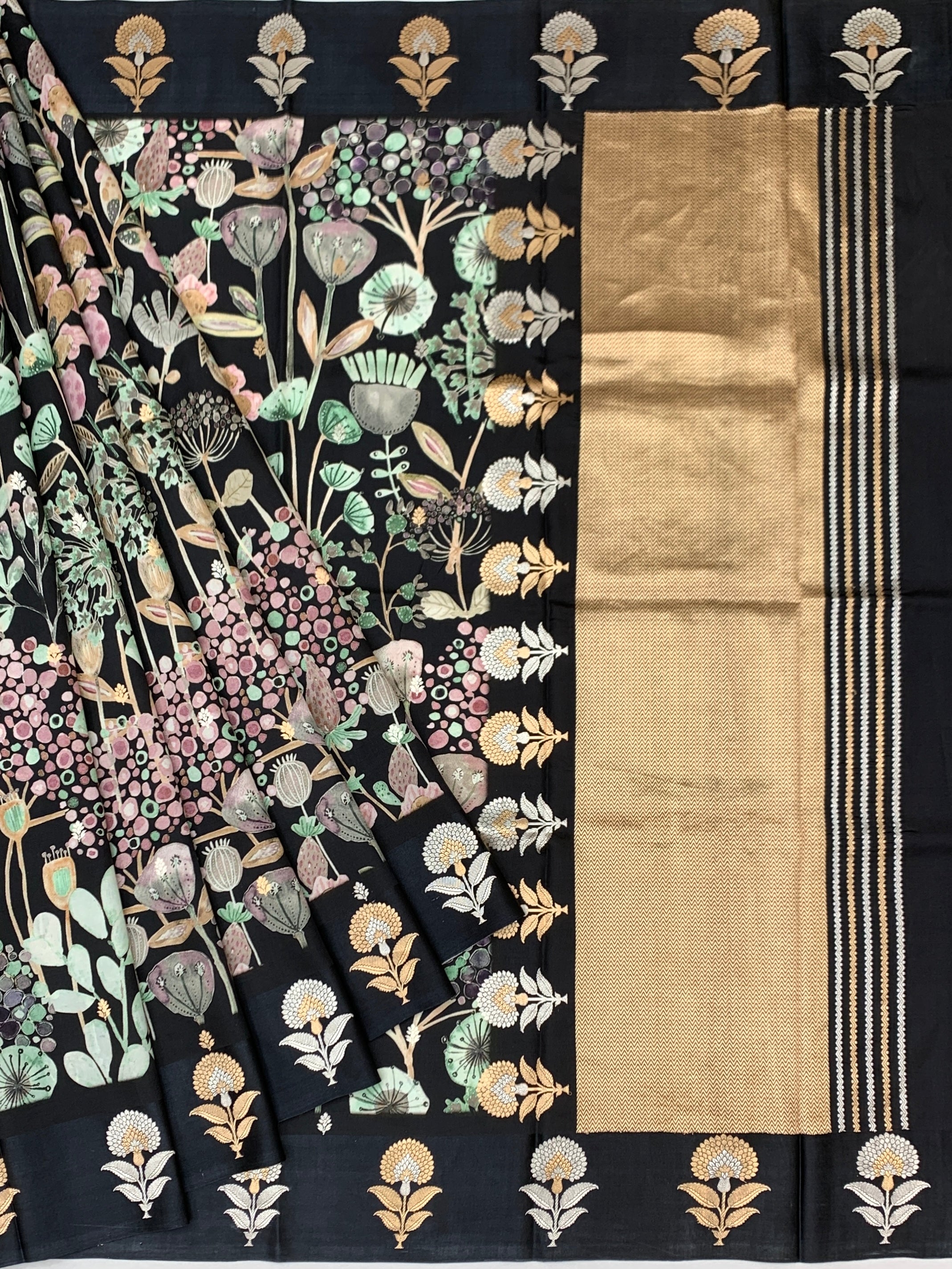 Printed Black Raw Mango Silk Saree with Zari Border