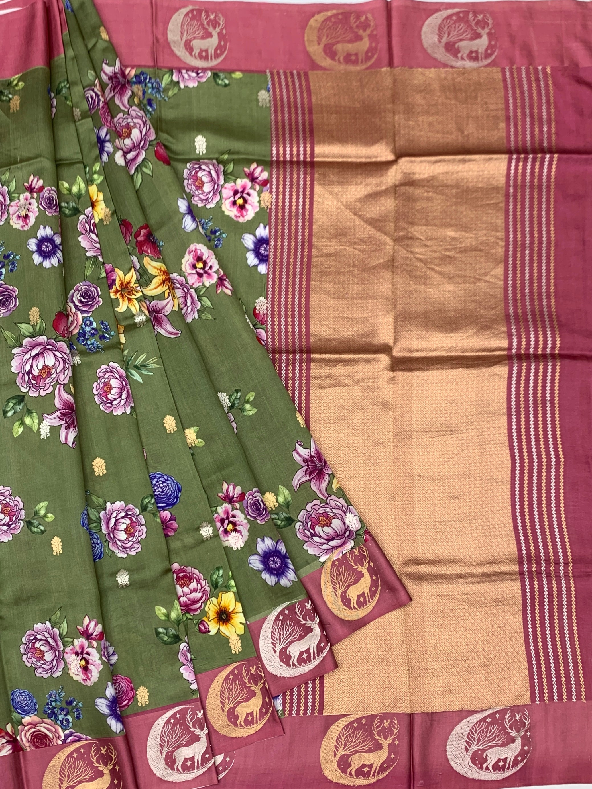 Floral Moss Green Printed Raw Mango Silk Saree