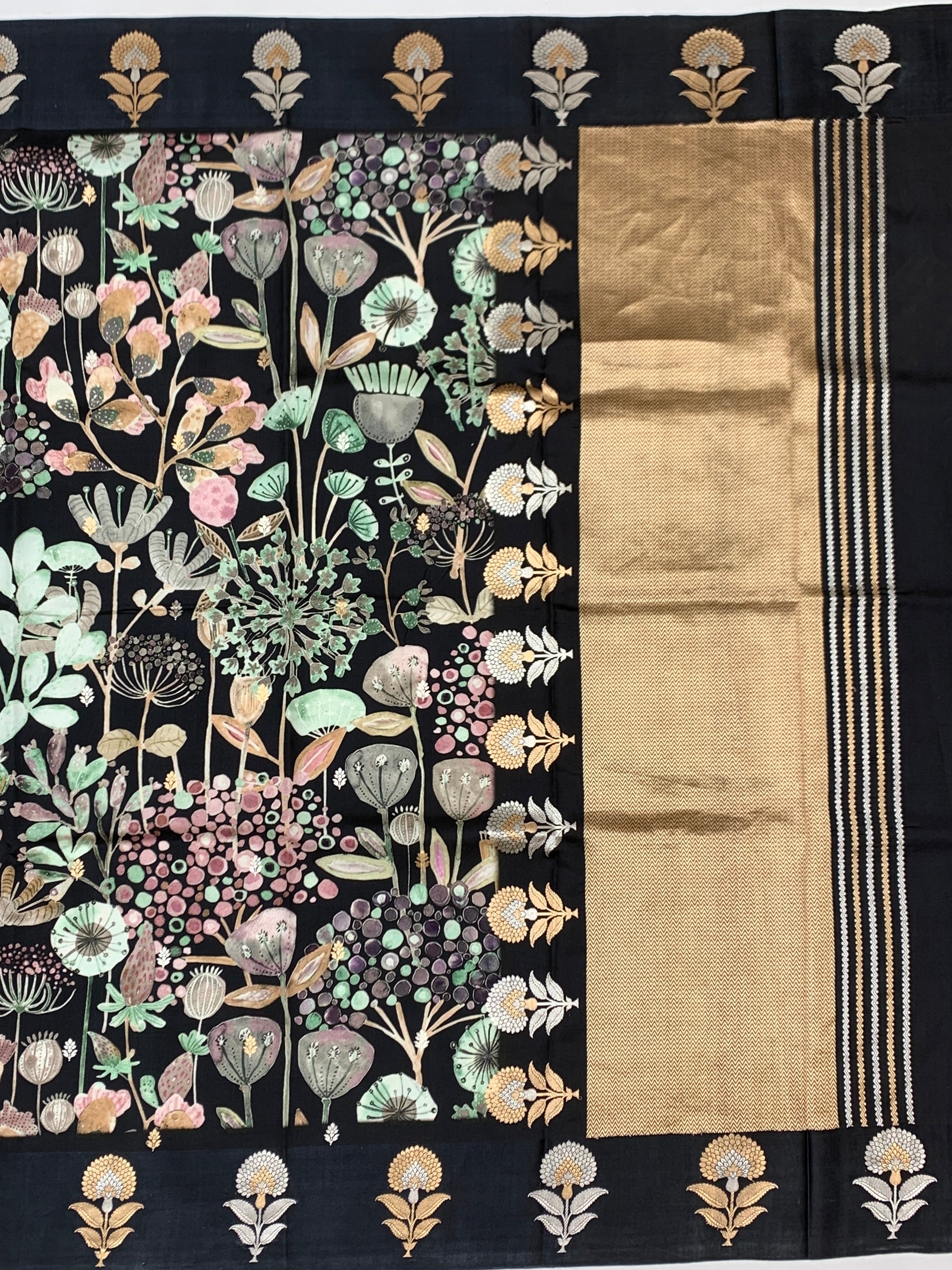 Printed Black Raw Mango Silk Saree with Zari Border