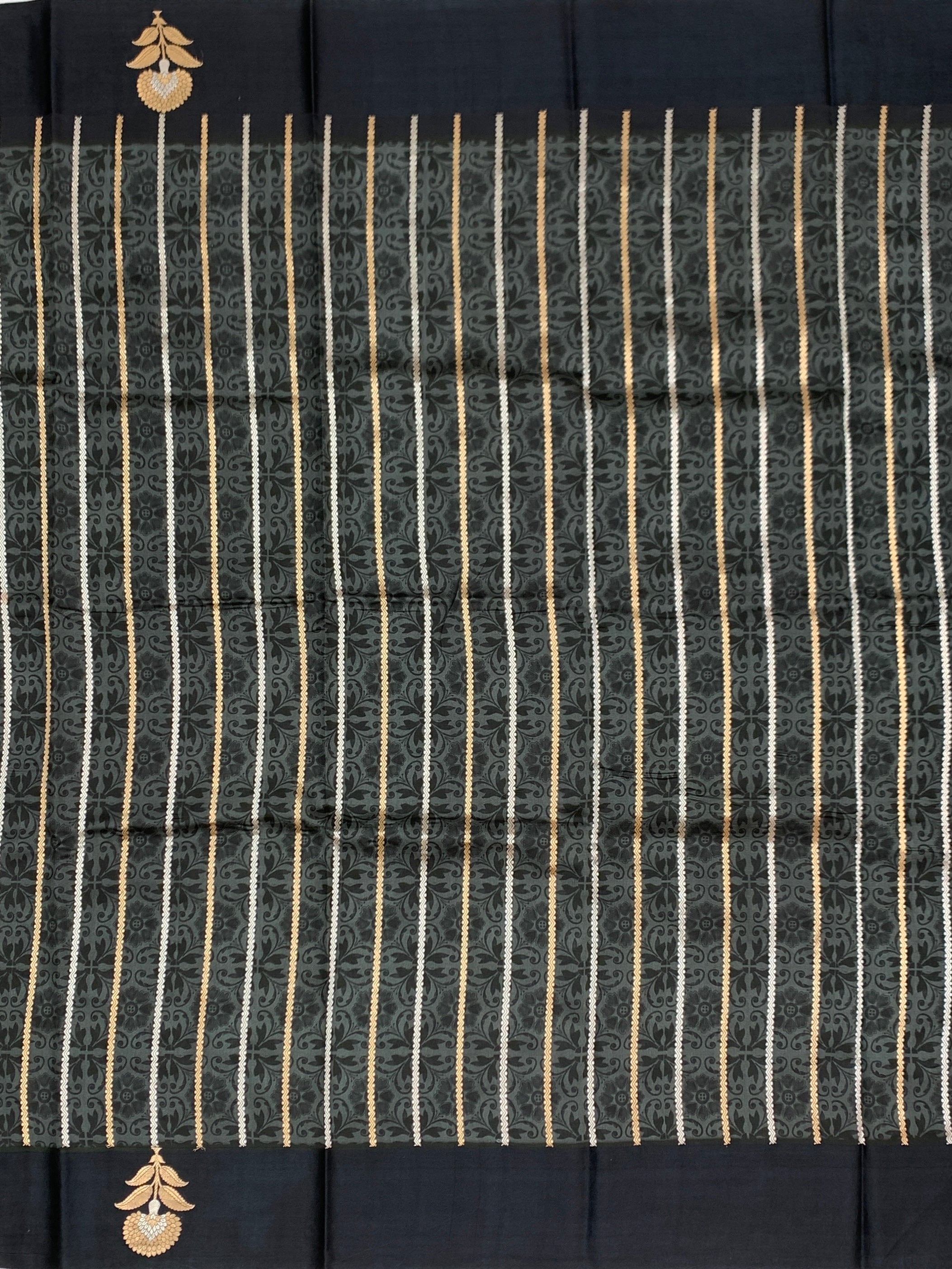 Printed Black Raw Mango Silk Saree with Zari Border