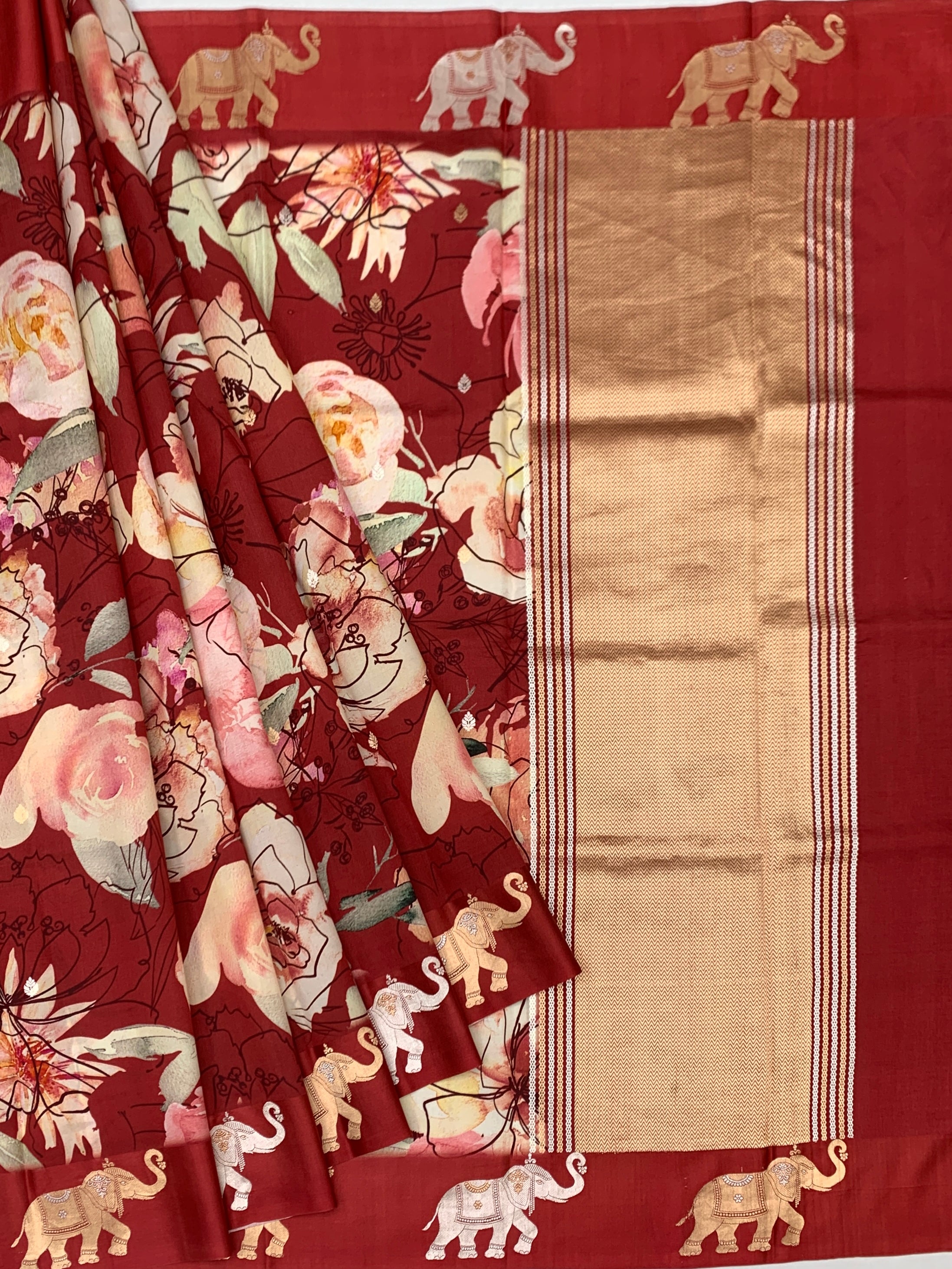 Printed Raw Mango Silk Saree in Crimson Floral