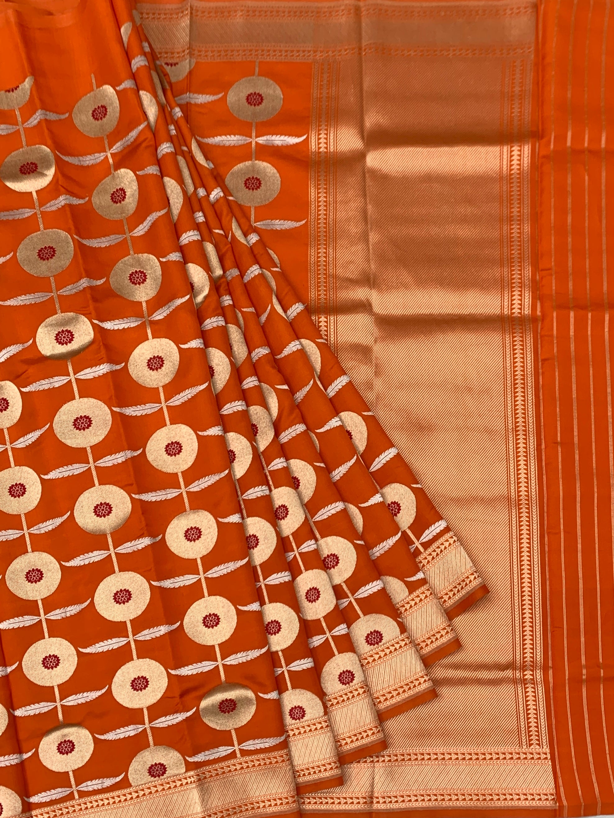 Vibrant Tangerine Orange Chanderi Silk Saree with Zari Floral Motifs