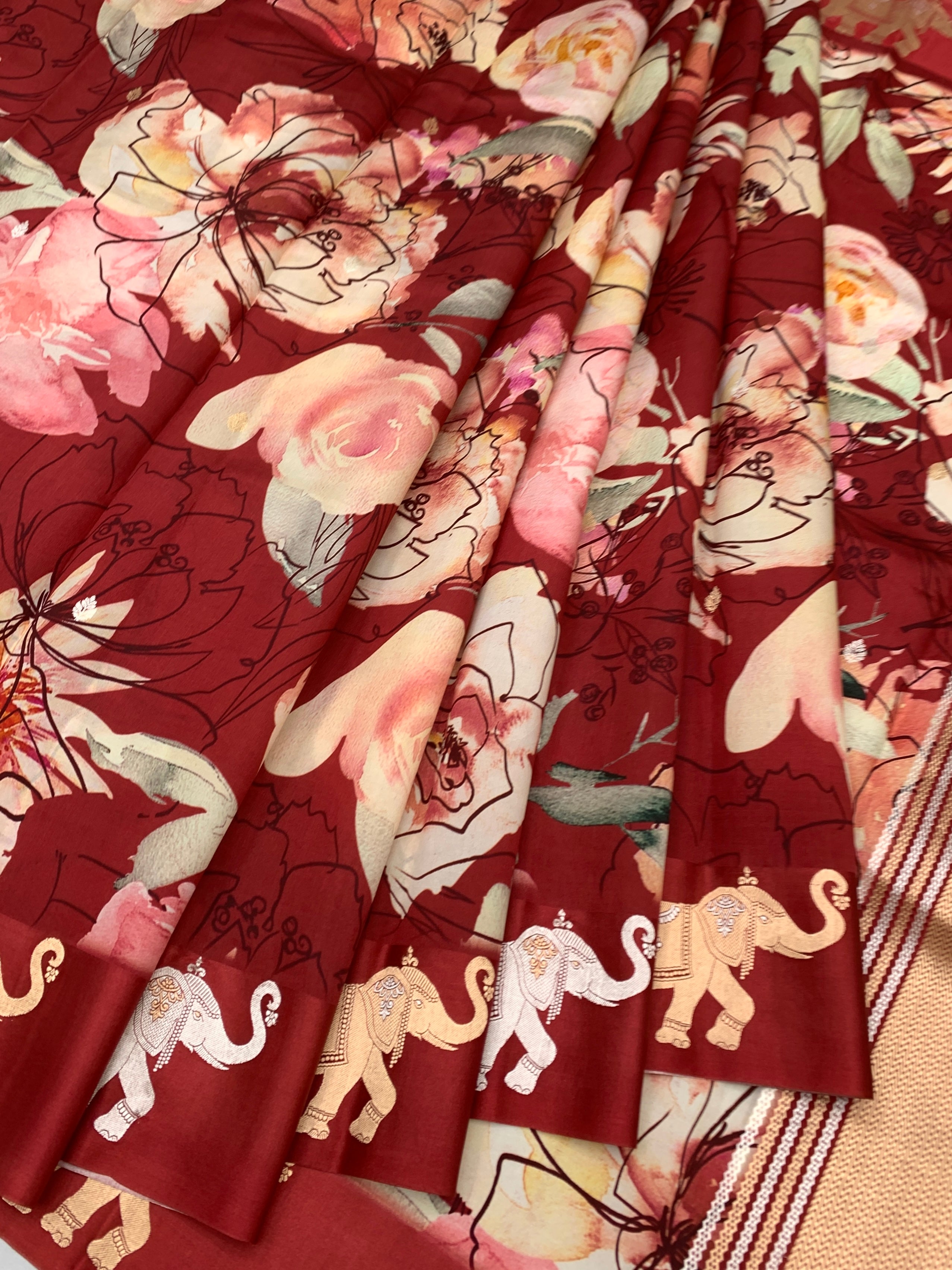 Printed Raw Mango Silk Saree in Crimson Floral