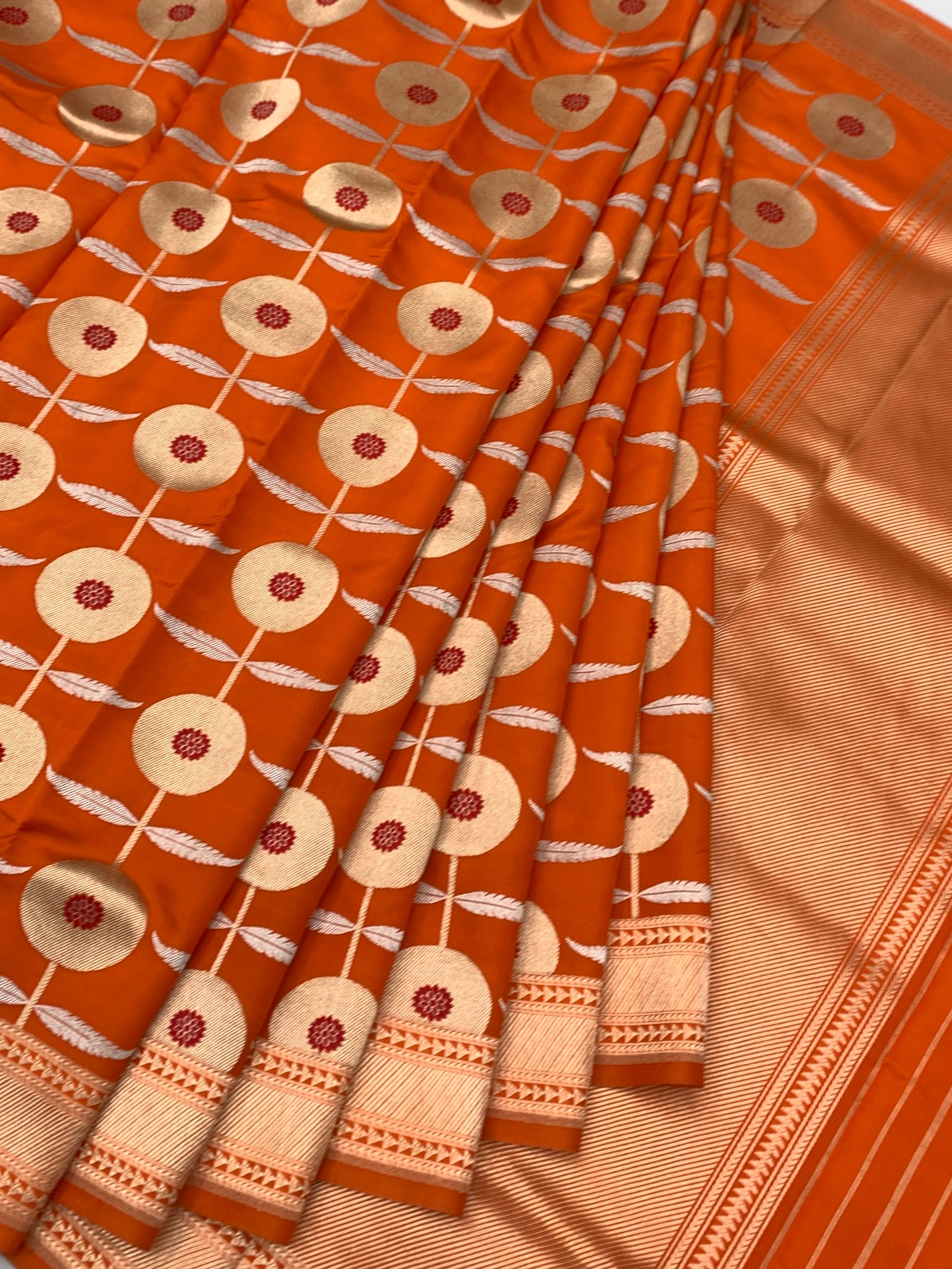 Vibrant Tangerine Orange Chanderi Silk Saree with Zari Floral Motifs