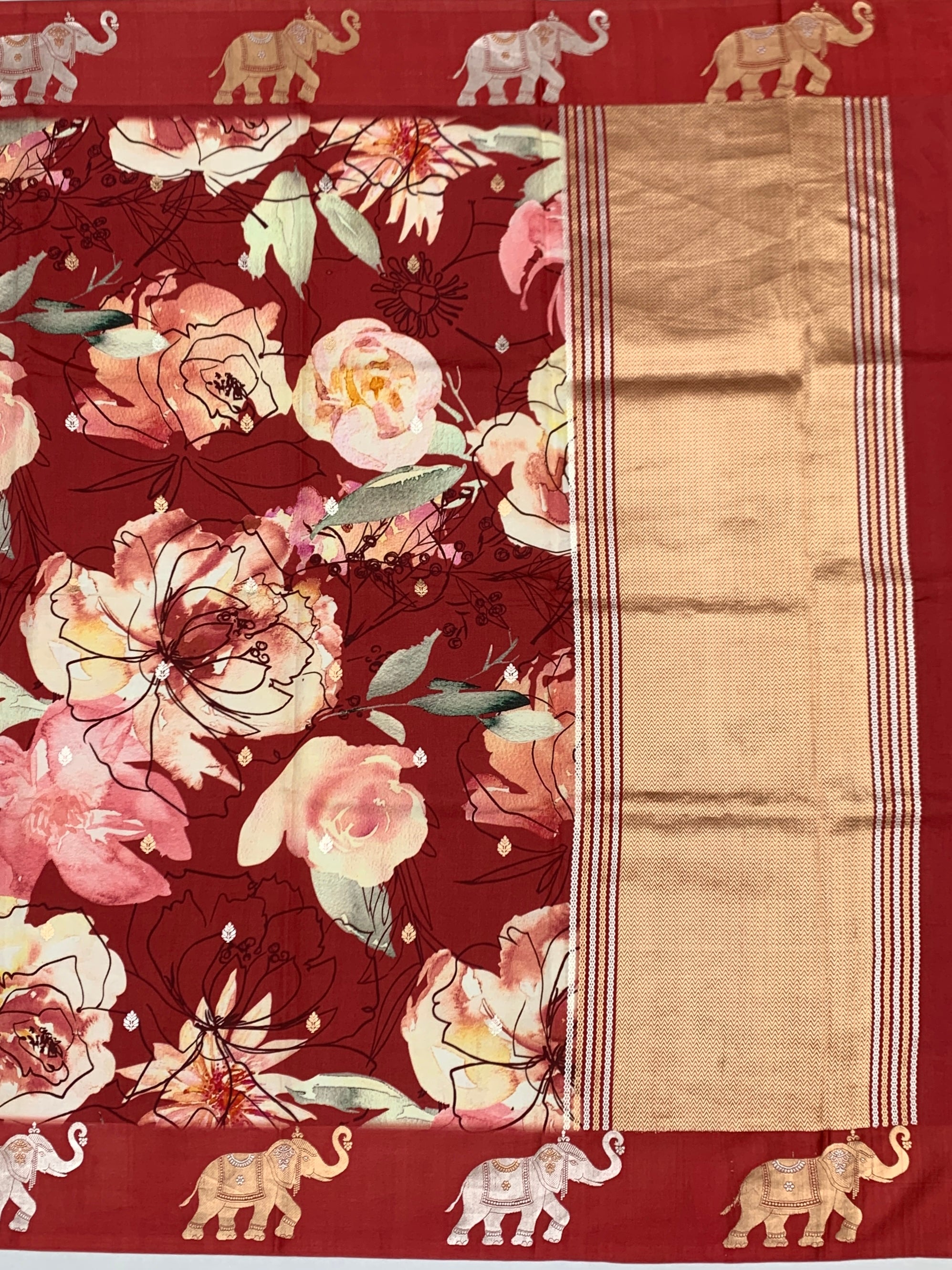 Printed Raw Mango Silk Saree in Crimson Floral