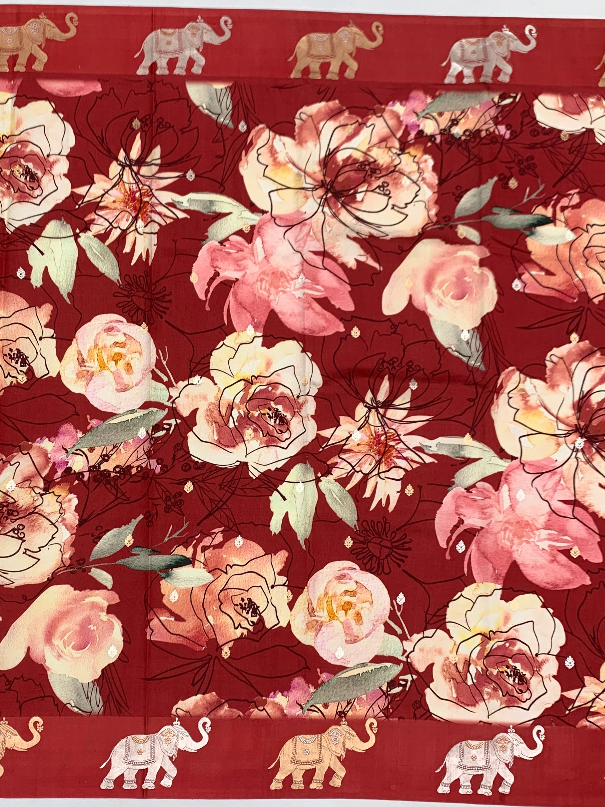 Printed Raw Mango Silk Saree in Crimson Floral