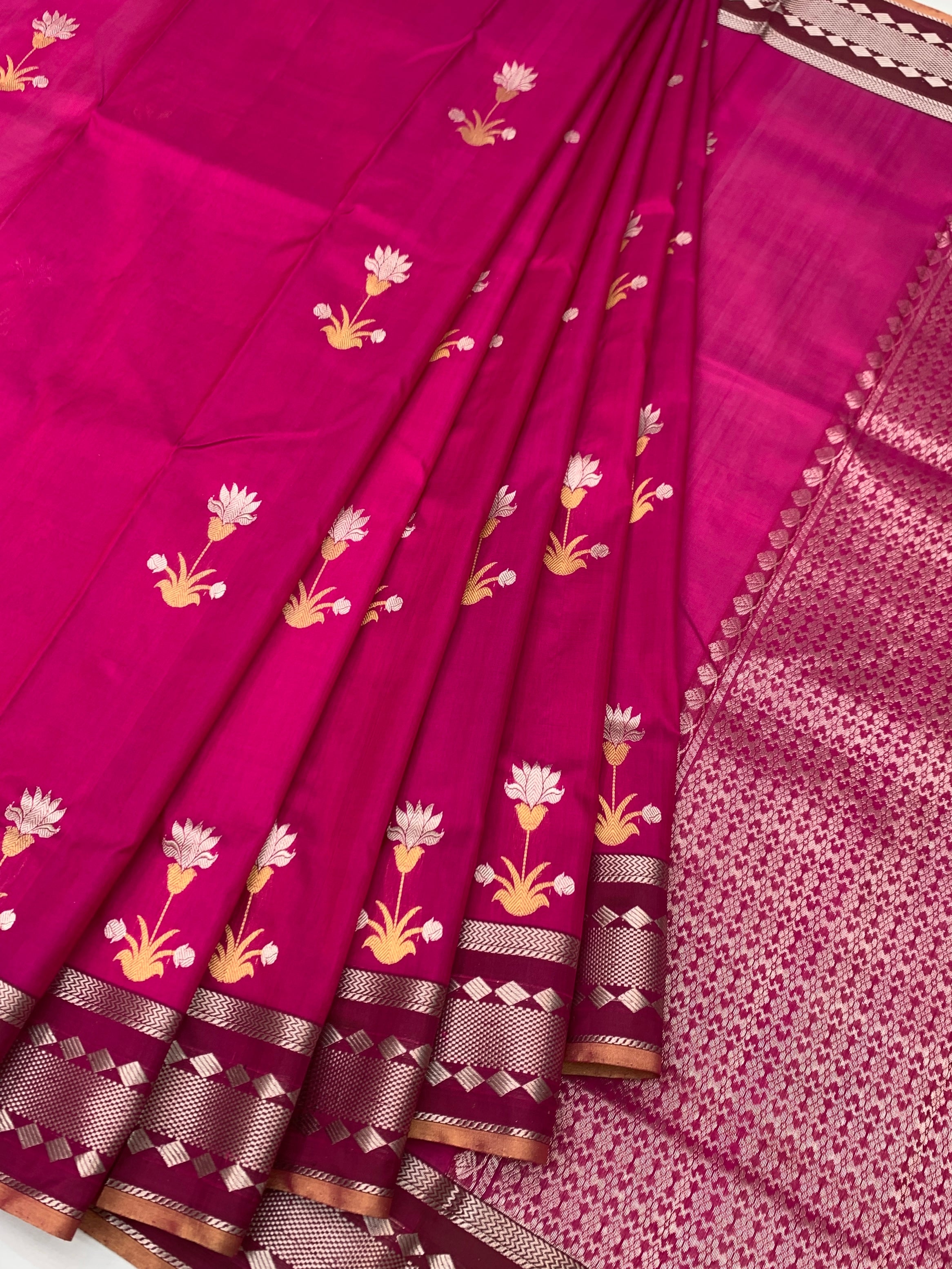 Elegant Pink Chanderi Silk Saree with Gold Floral Butis