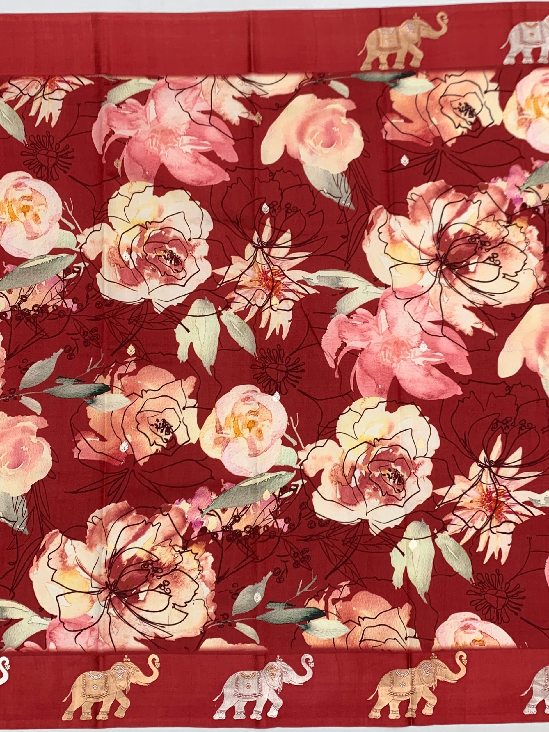 Printed Raw Mango Silk Saree in Crimson Floral
