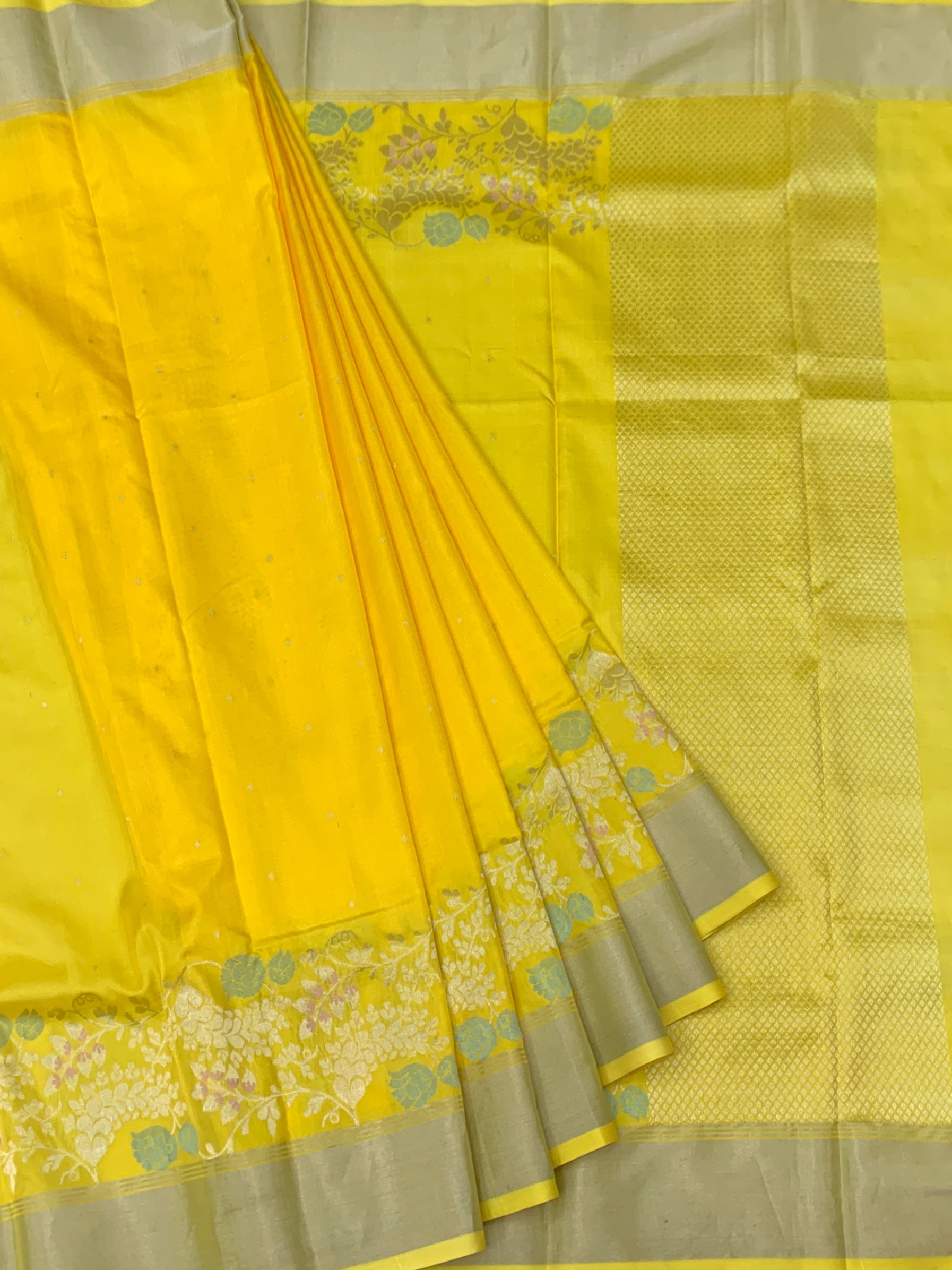 Radiant Sunshine Yellow Chanderi Silk Saree with Floral Silver Zari